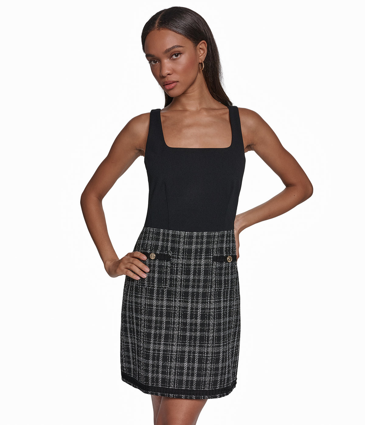 CONTRAST PLAID TWEED A LINE DRESS VIEW 2
