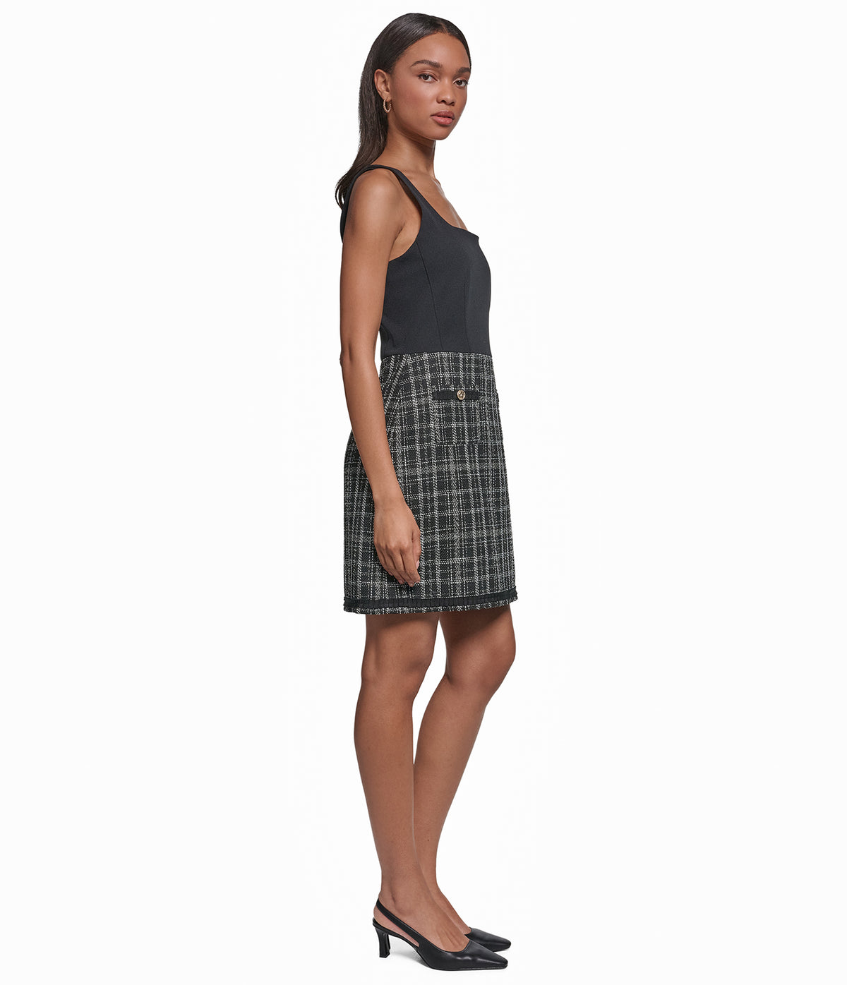 CONTRAST PLAID TWEED A LINE DRESS VIEW 4