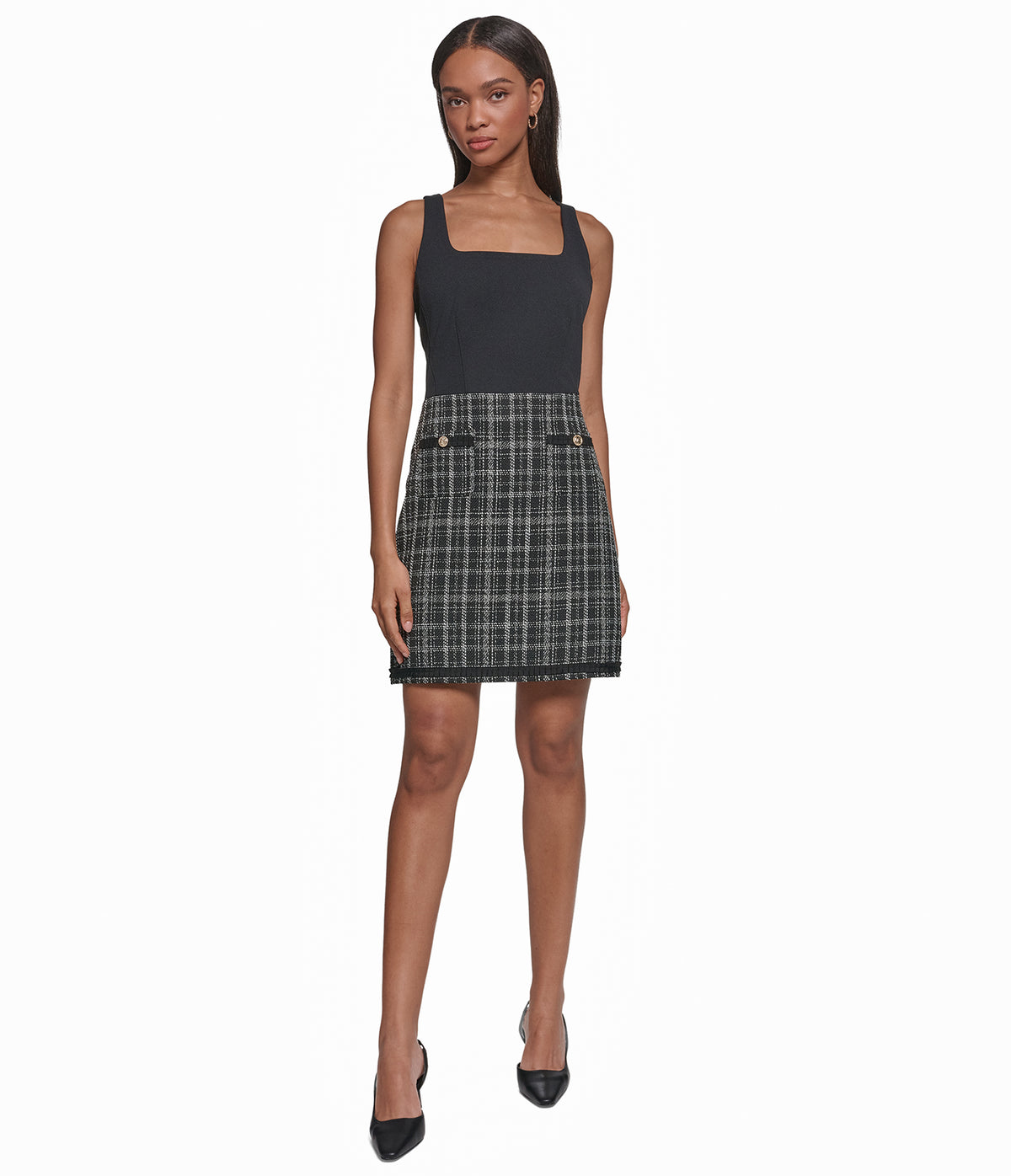 CONTRAST PLAID TWEED A LINE DRESS VIEW 1
