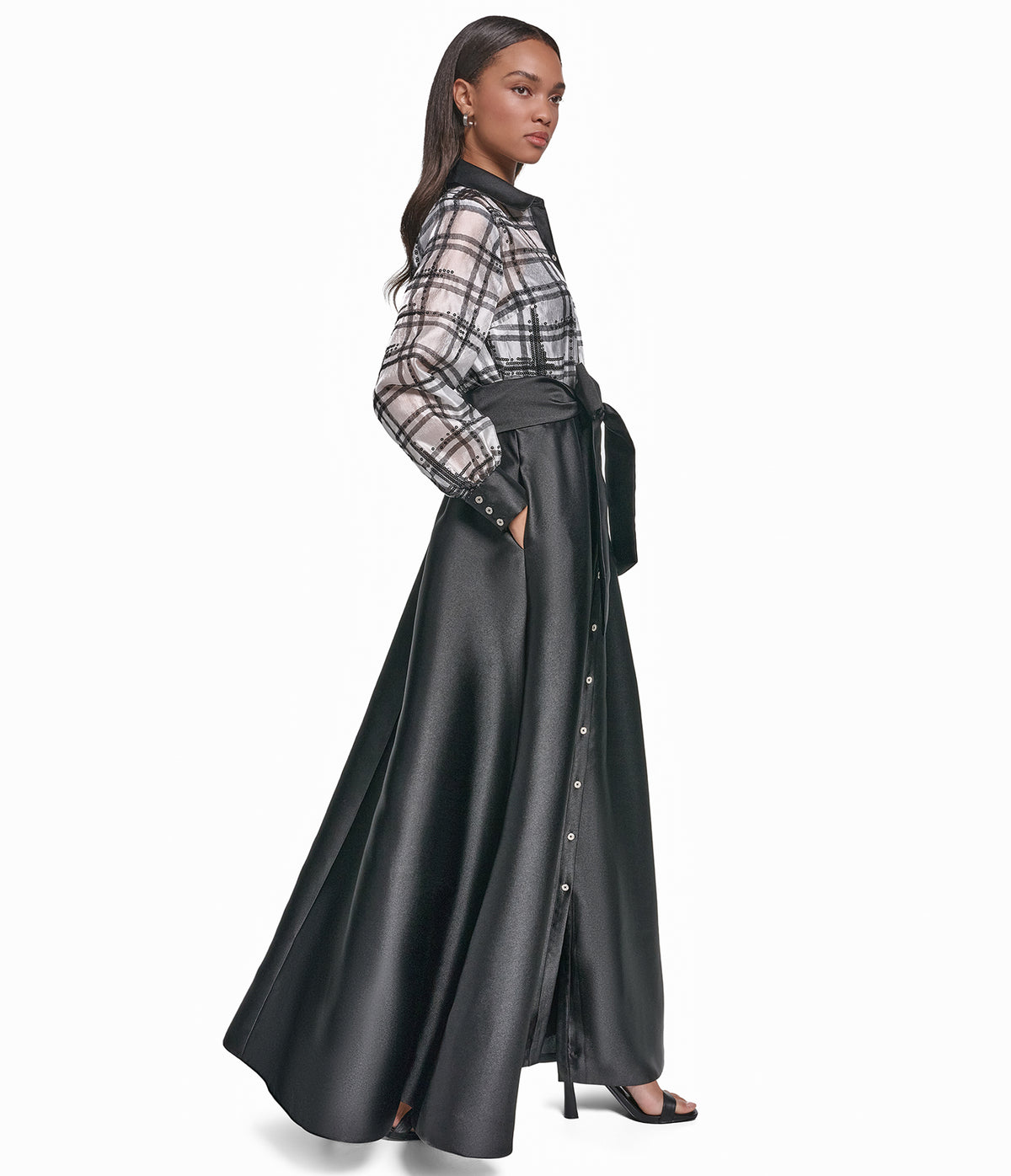 PLAID LONG SLEEVE SHIRT DRESS WITH BOW VIEW 4