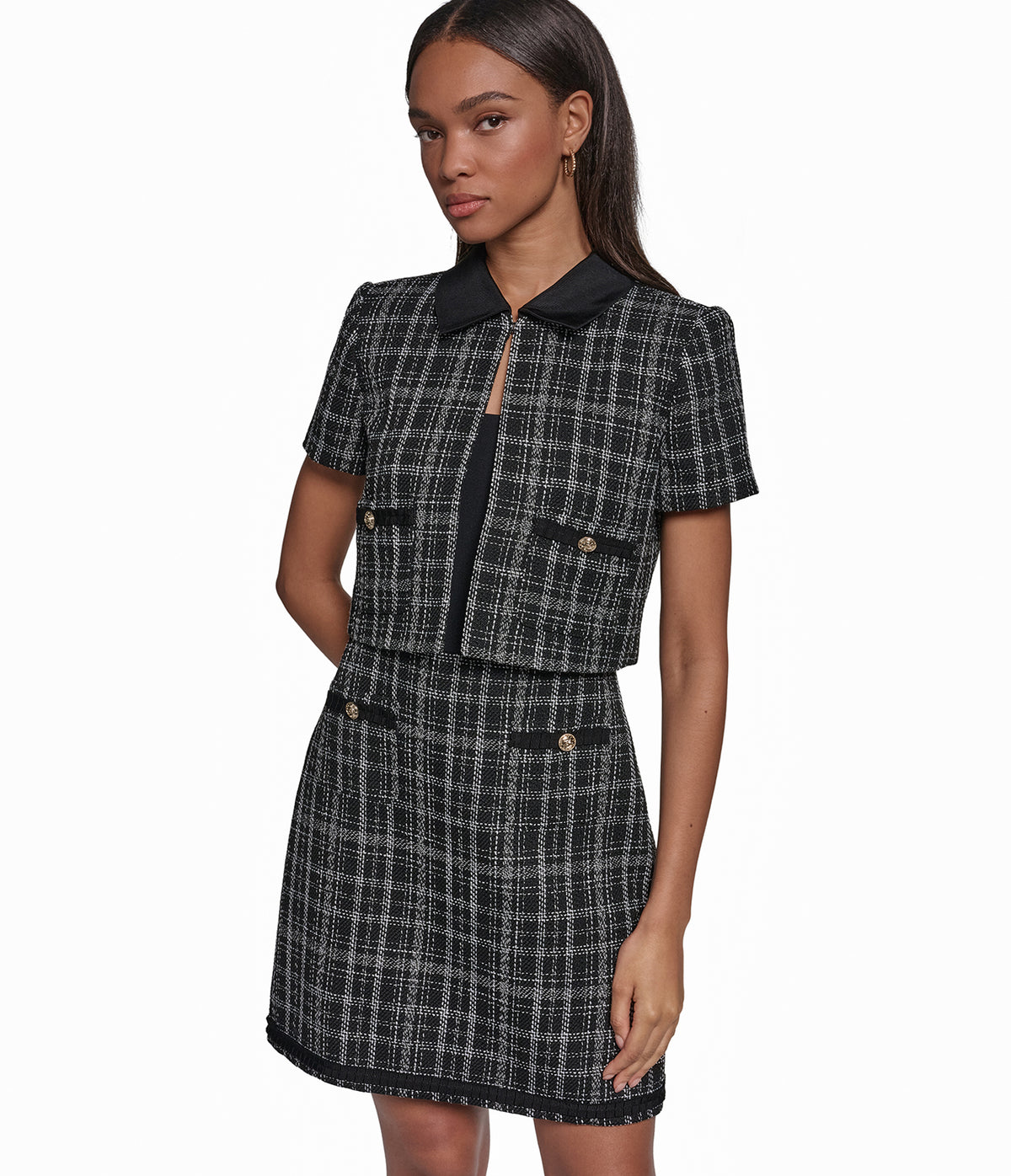 CONTRAST PLAID TWEED CROPPED JACKET VIEW 1