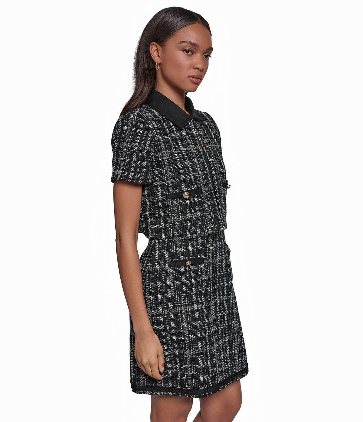 CONTRAST PLAID TWEED CROPPED JACKET VIEW 3