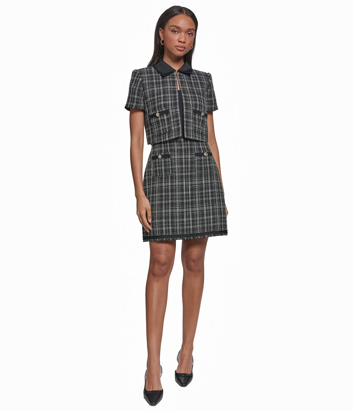 CONTRAST PLAID TWEED CROPPED JACKET VIEW 4