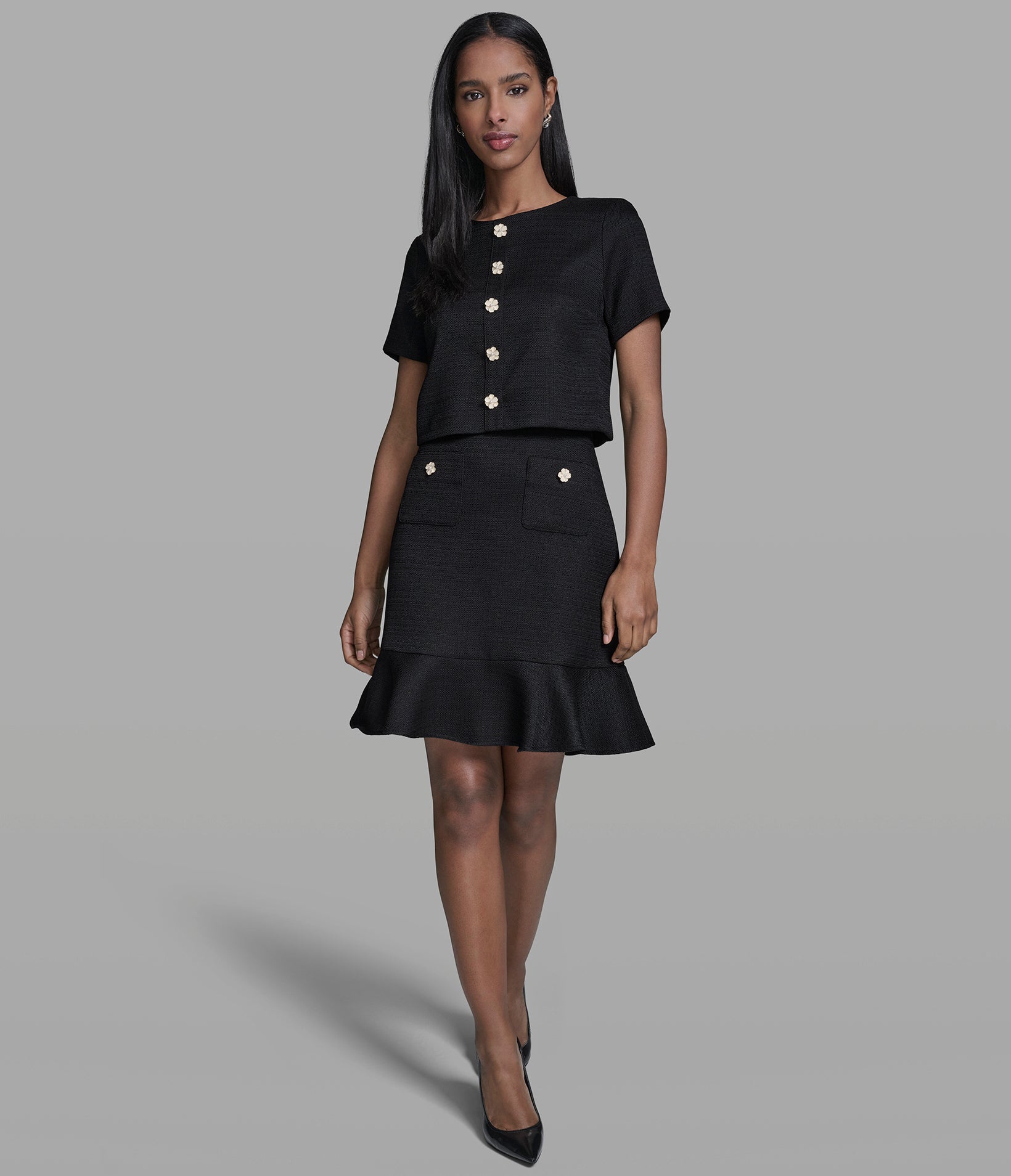 FAUX TWEED POP-OVER DRESS WITH FLORAL BUTTONS VIEW 4 | New Arrivals