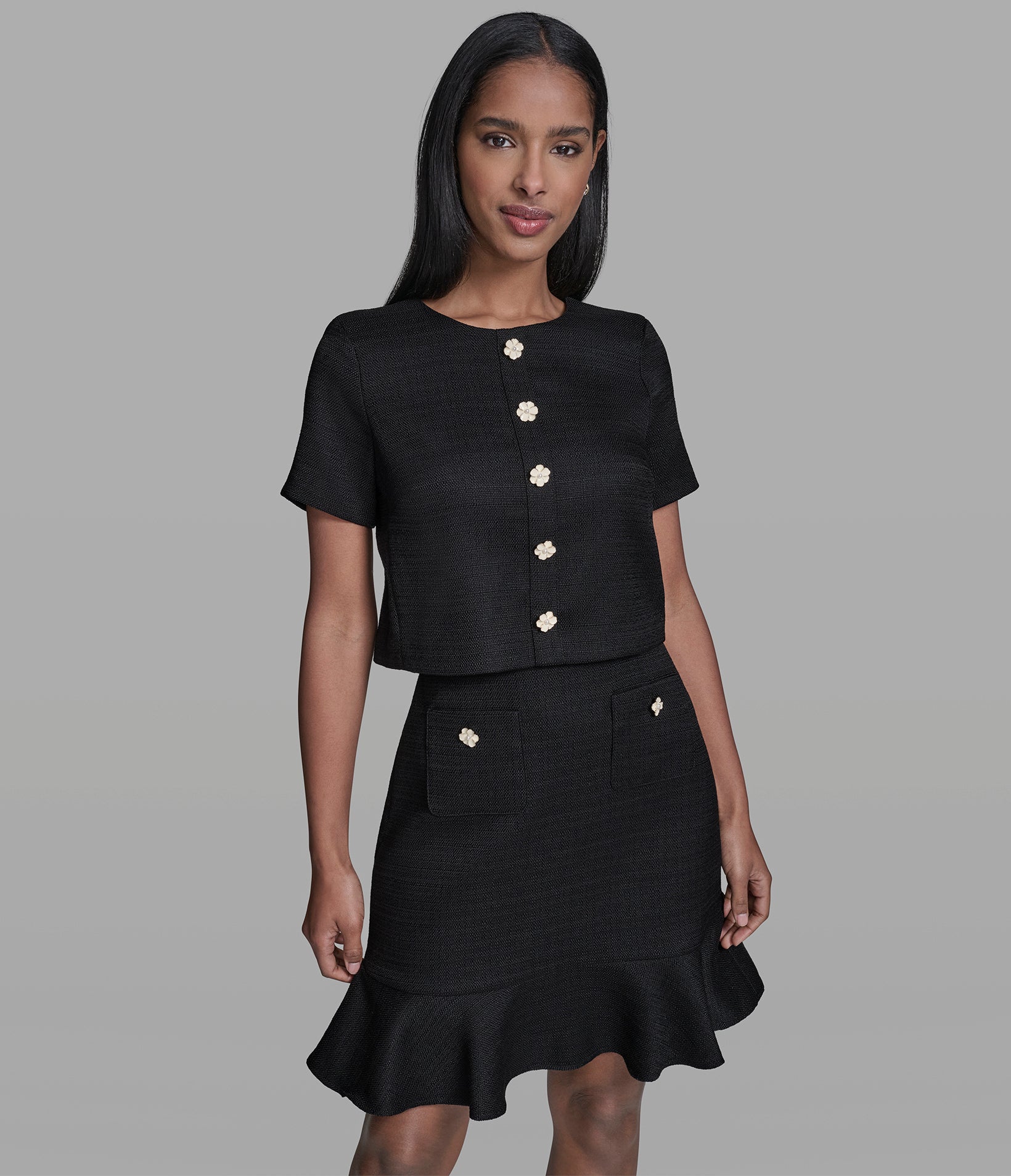 FAUX TWEED POP-OVER DRESS WITH FLORAL BUTTONS View 1 | New Arrivals