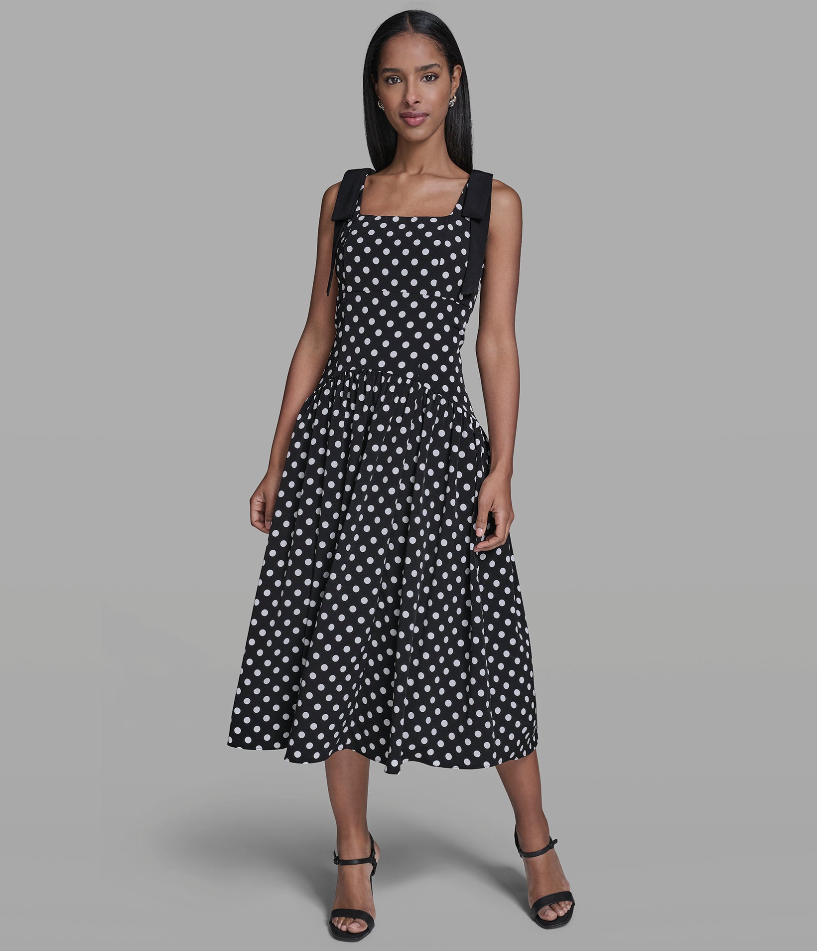BOW STRAP POLKA DOT MIDI DRESS View 1