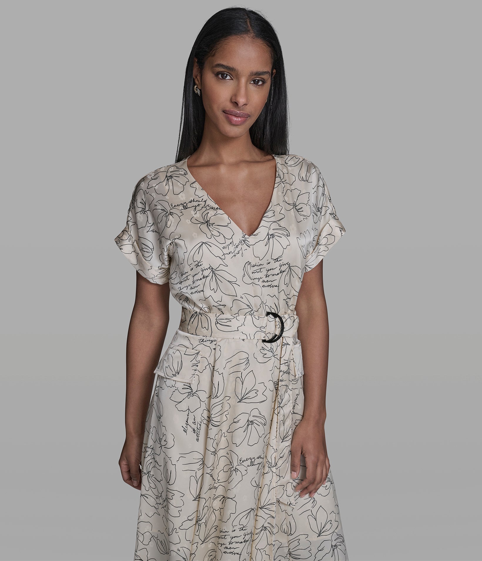 BELTED FLORAL OUTLINE MIDI DRESS VIEW 4 | New Arrivals