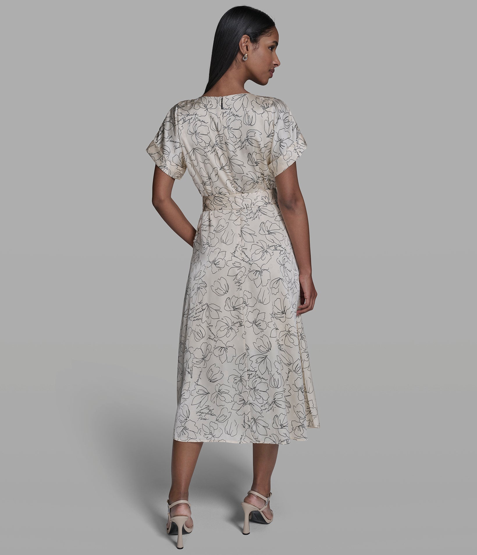 BELTED FLORAL OUTLINE MIDI DRESS View 2 | New Arrivals