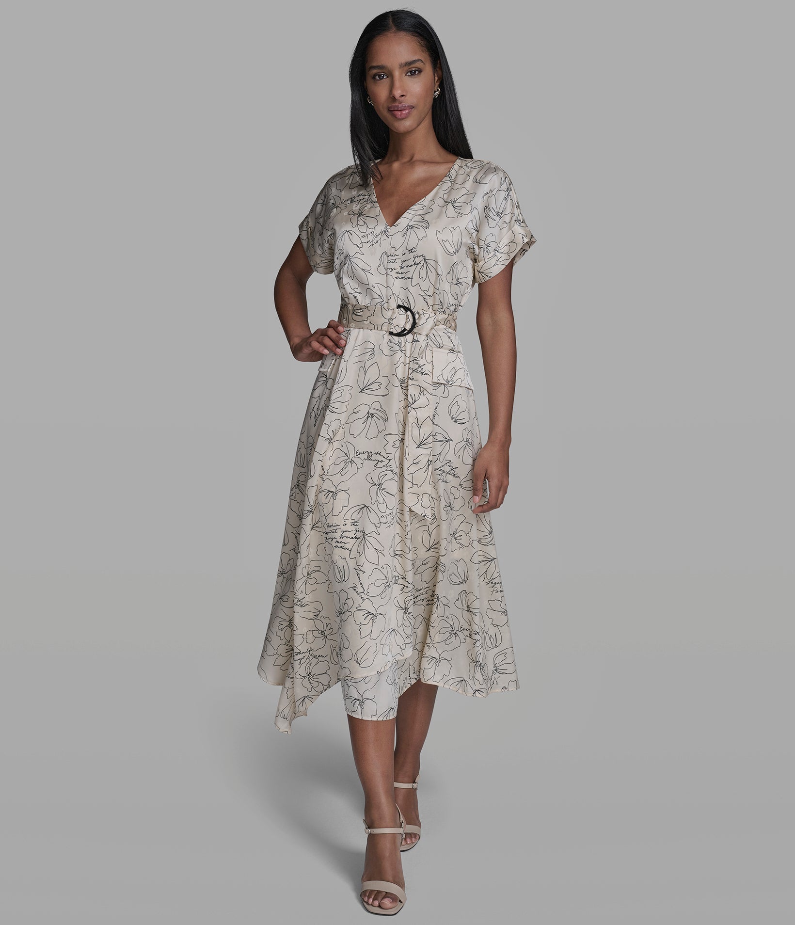 BELTED FLORAL OUTLINE MIDI DRESS View 1 | New Arrivals