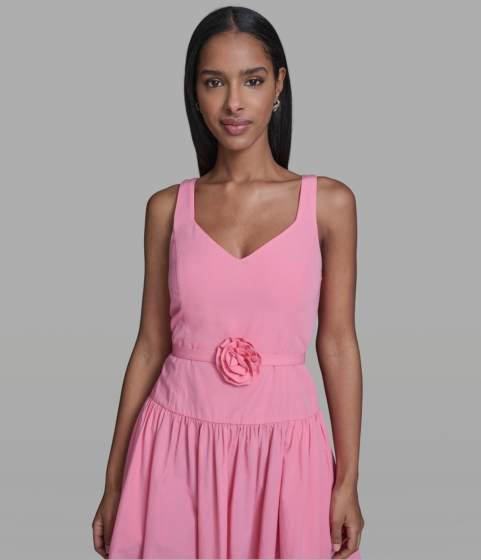 COTTON POPLIN MIDI DRESS WITH FLOWER BELT VIEW 5 | Women's Clothing