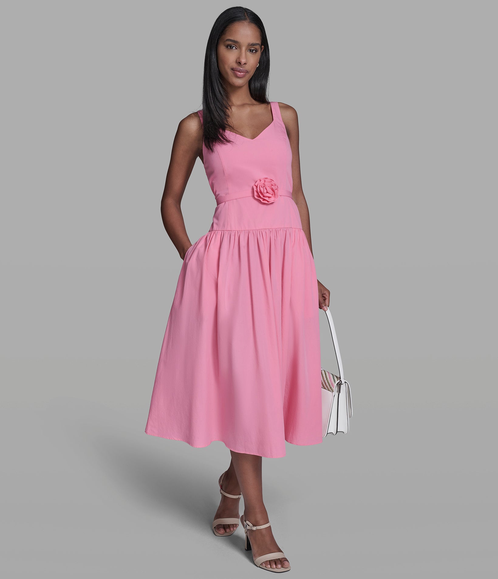 COTTON POPLIN MIDI DRESS WITH FLOWER BELT VIEW 4 | Women's Clothing