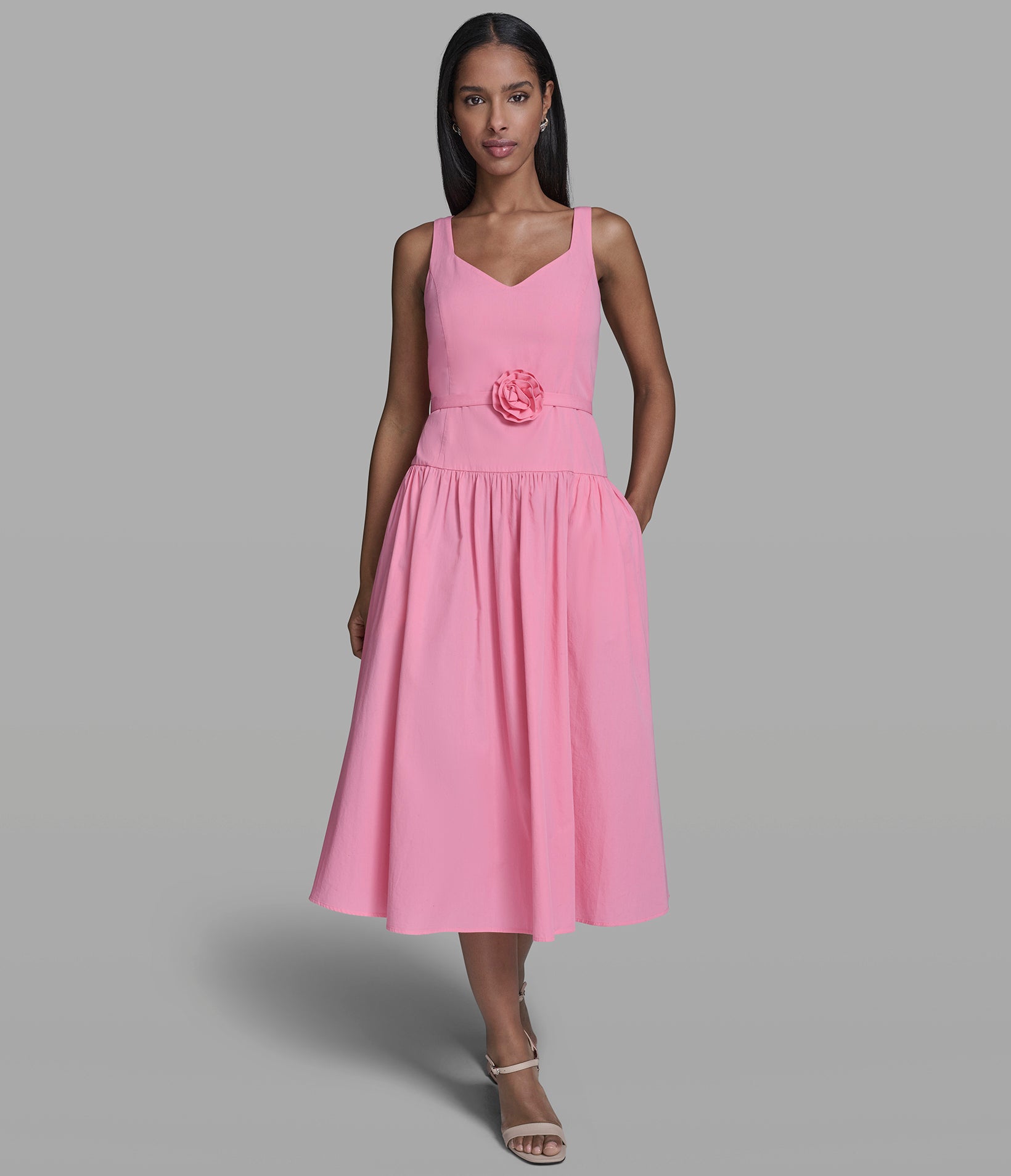 COTTON POPLIN MIDI DRESS WITH FLOWER BELT View 1 | Women's Clothing