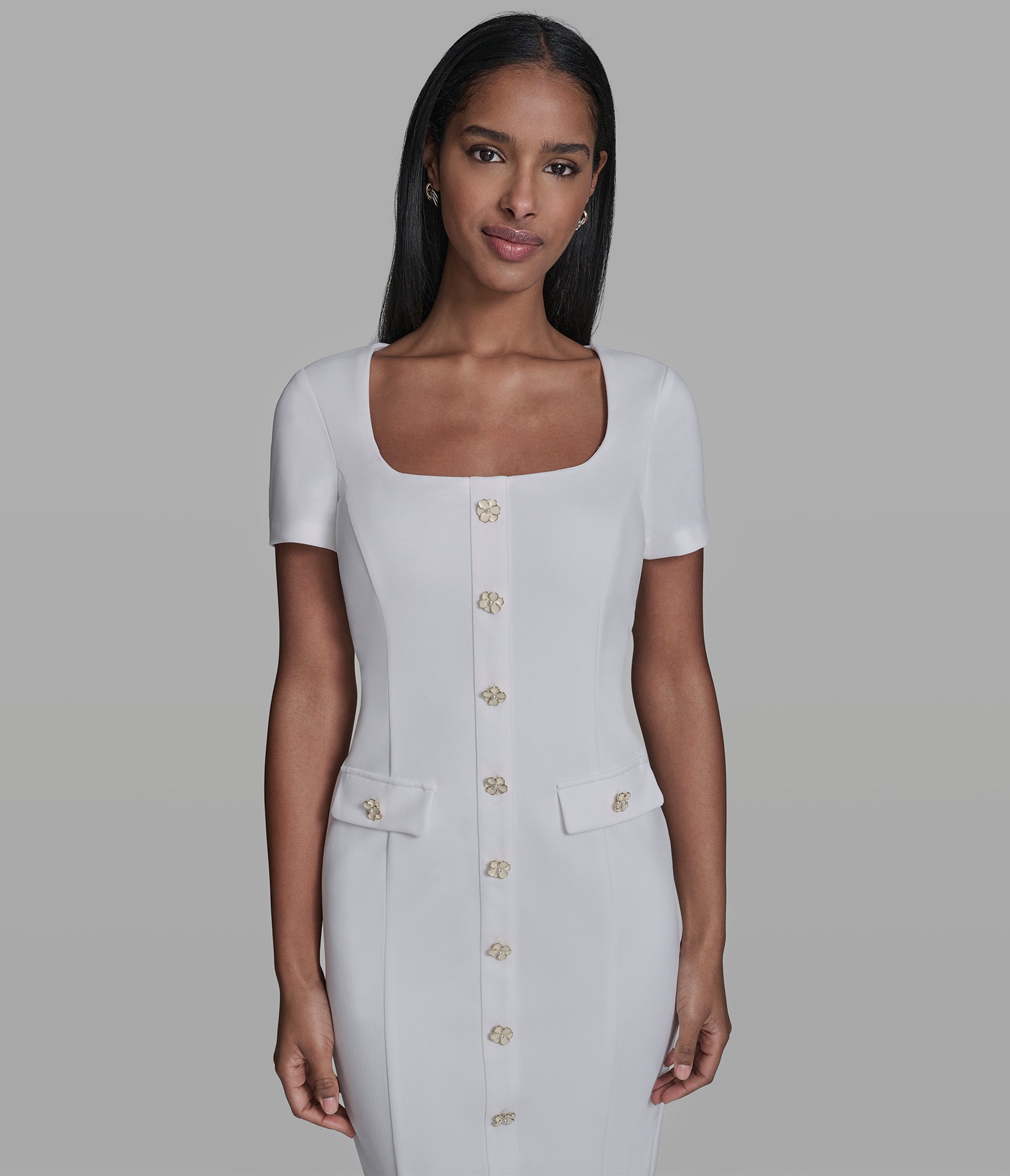 SCUBA CREPE SHEATH DRESS WITH FLOWER BUTTONS VIEW 4 | New Women's Clothing