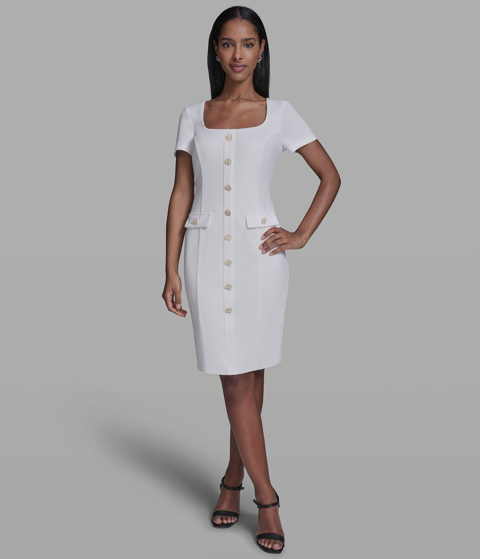 SCUBA CREPE SHEATH DRESS WITH FLOWER BUTTONS View 1 | New Women's Clothing