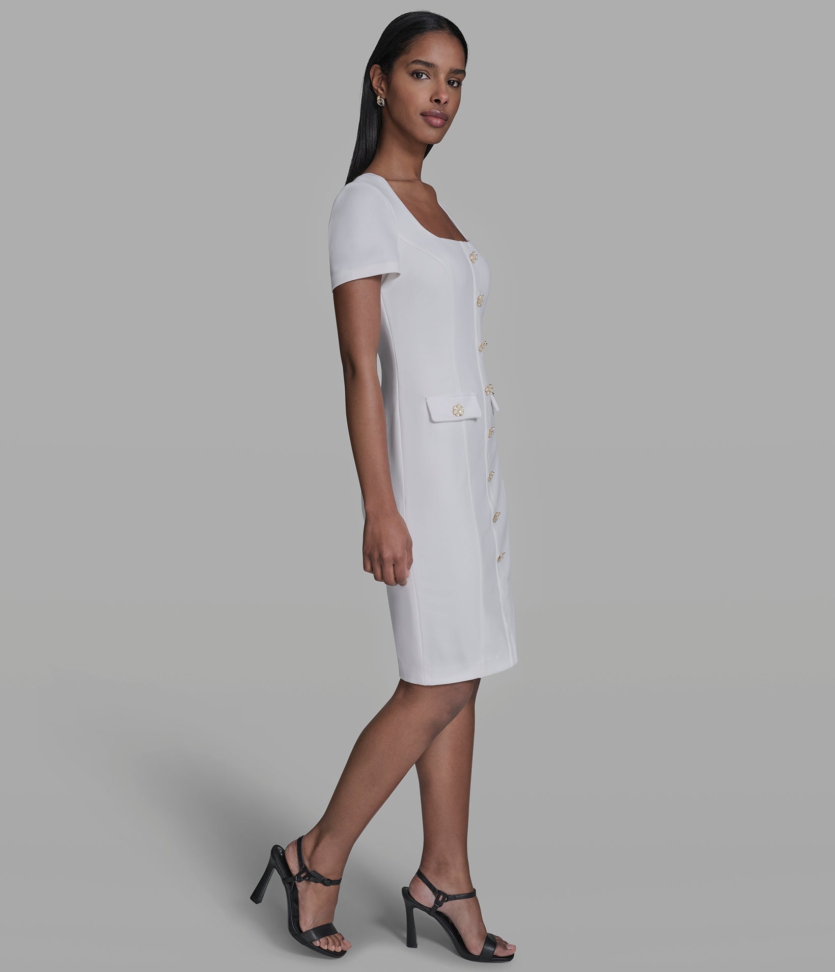 SCUBA CREPE SHEATH DRESS WITH FLOWER BUTTONS VIEW 3 | New Women's Clothing