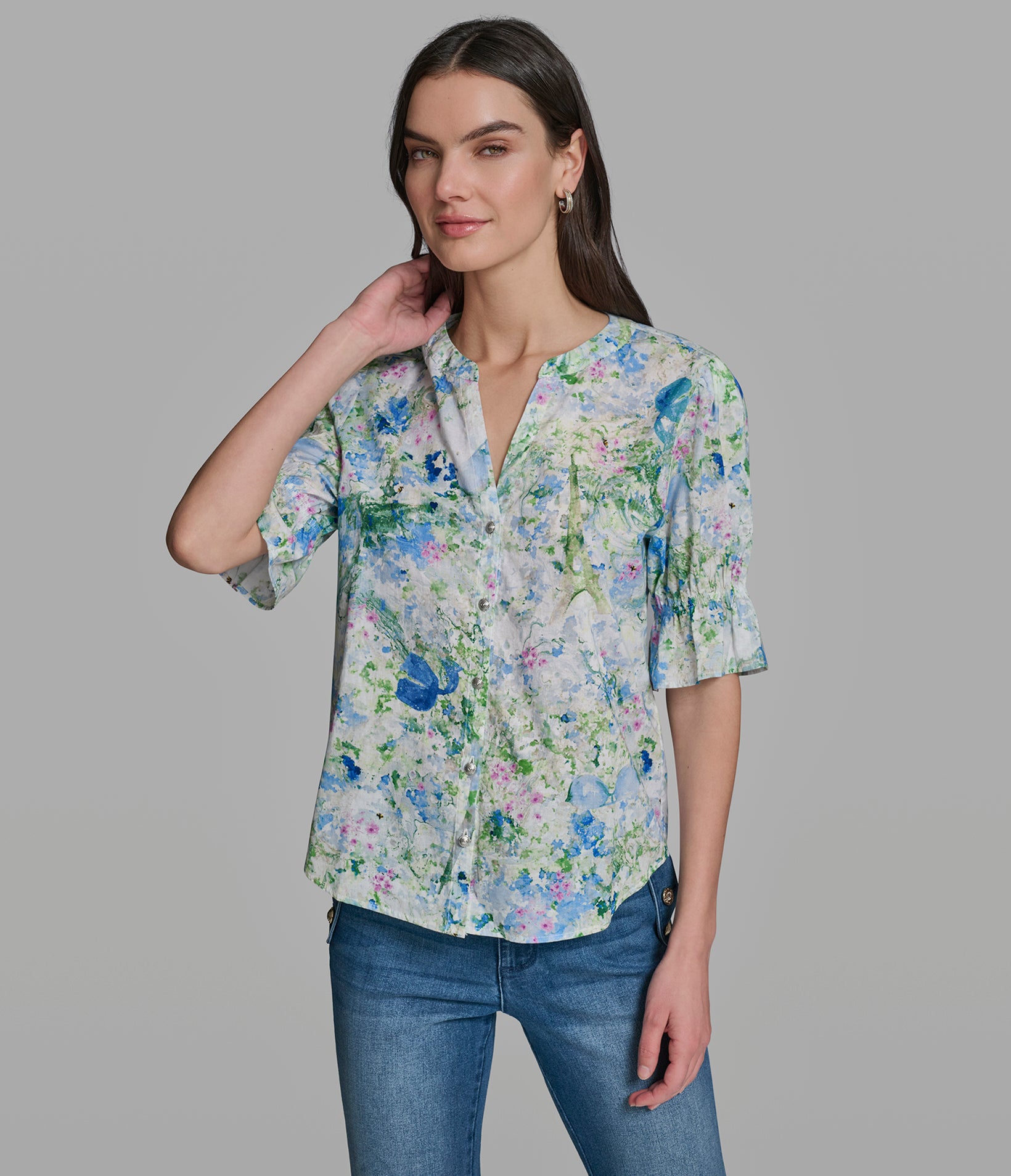 Floral Print Ruffle Sleeve Top | Sweaters & Tops | Karl Lagerfeld