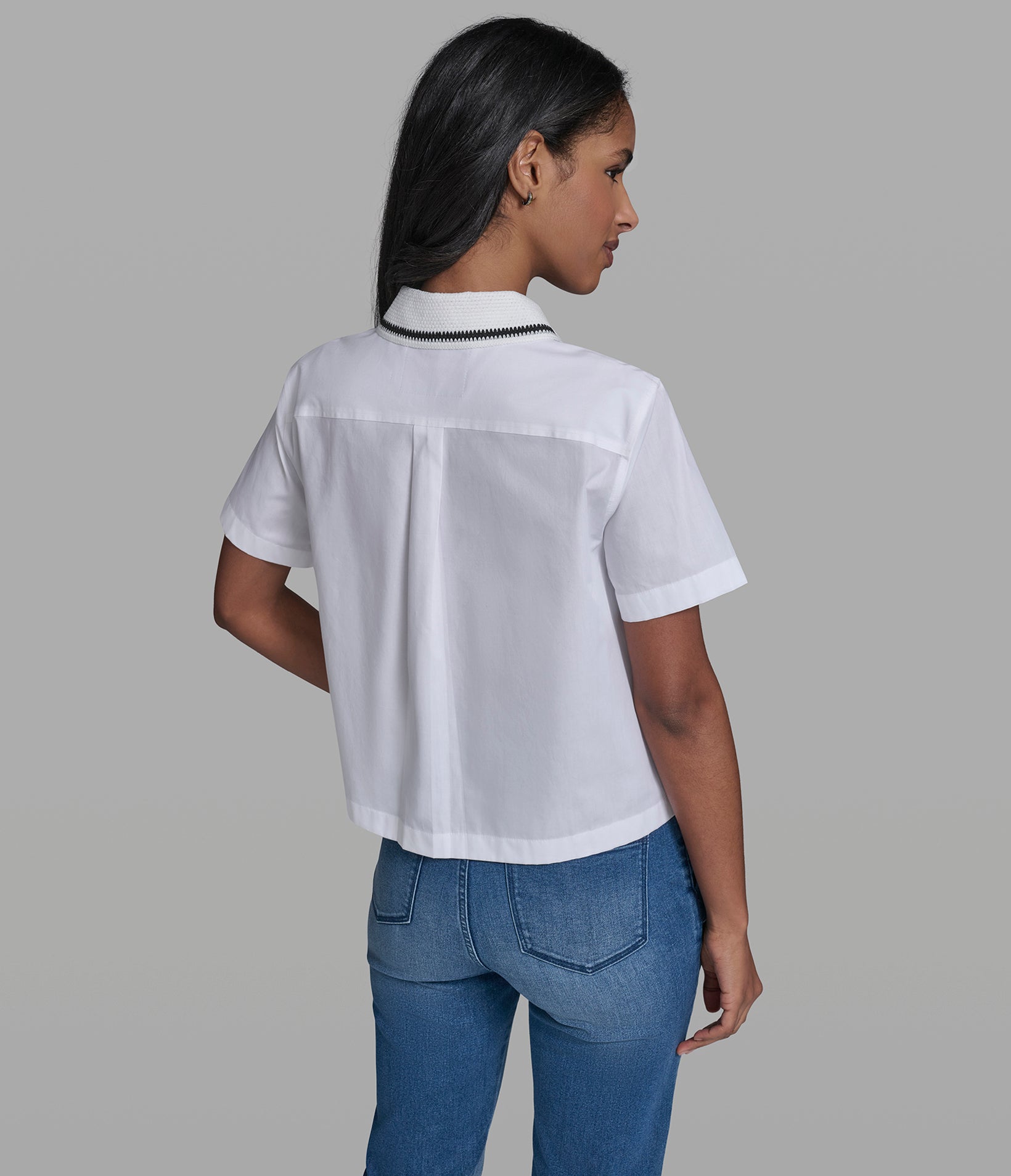 Short Sleeve Crochet Collar Poplin Shirt | Sweaters & Tops | Karl