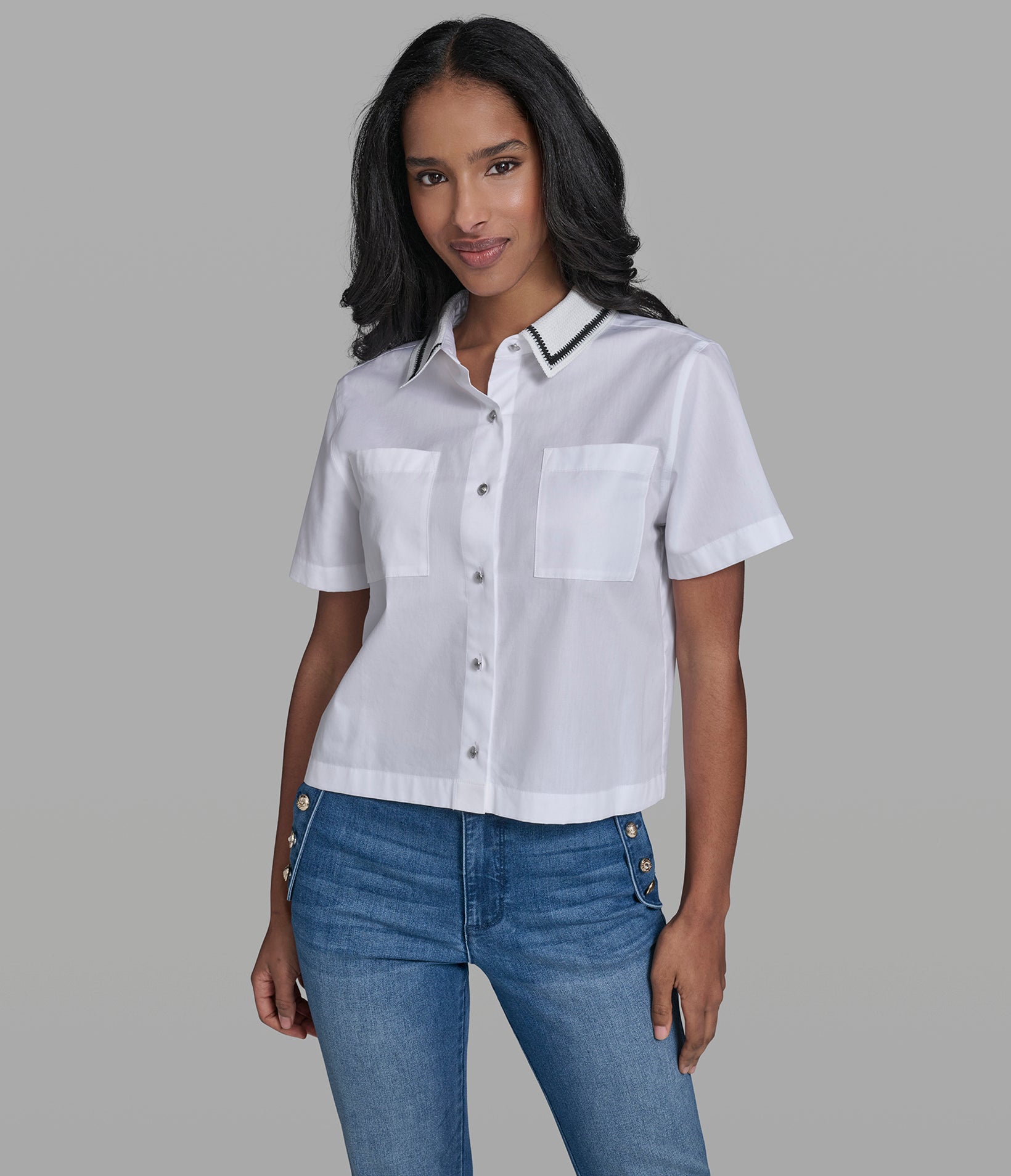 Short Sleeve Crochet Collar Poplin Shirt | Sweaters & Tops | Karl