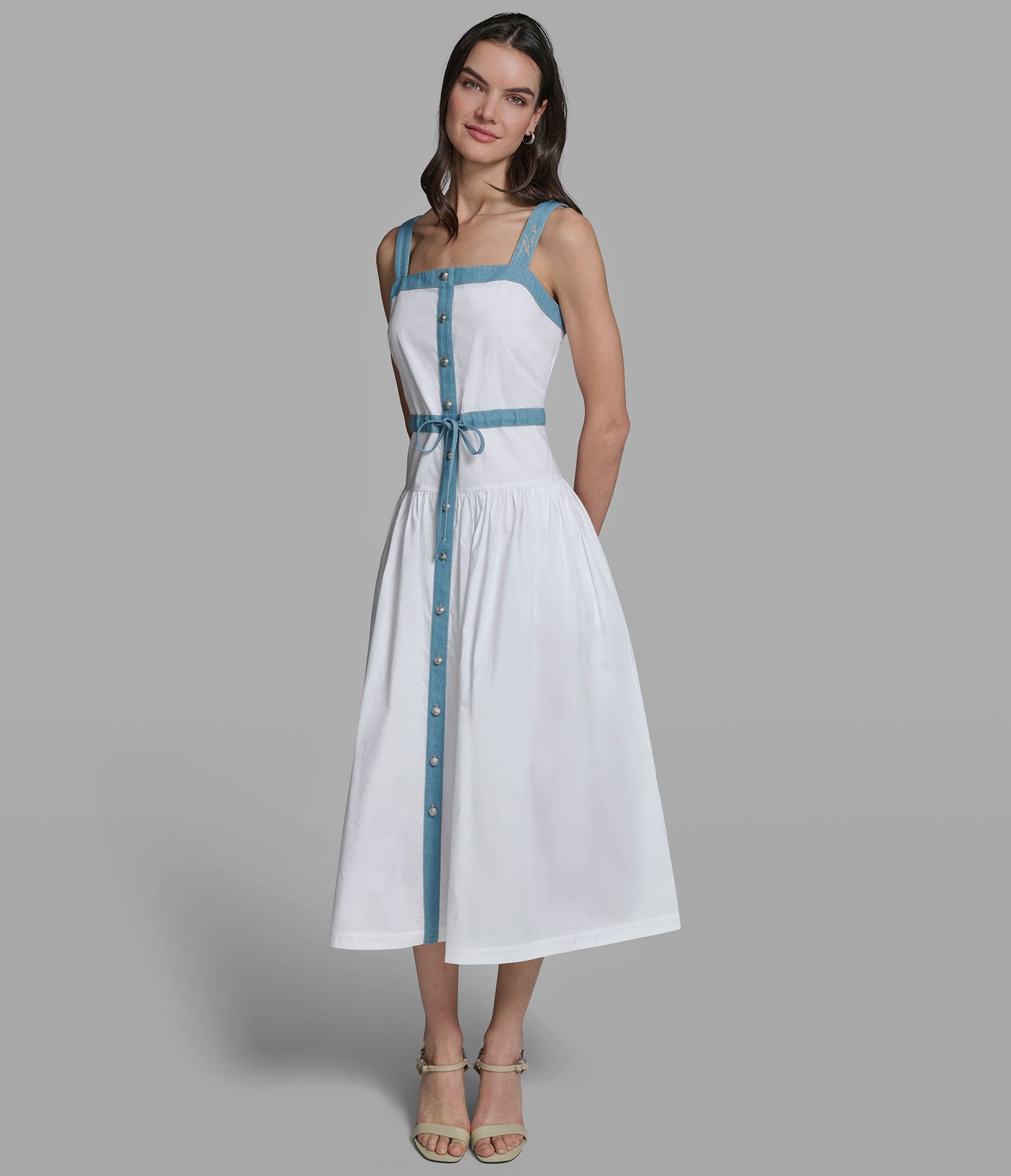 SLEEVELESS DENIM TRIM MIDI DRESS View 1 | Women's Clothing
