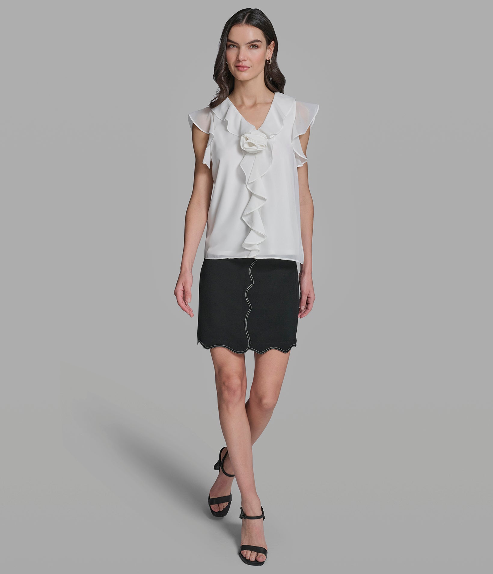 SLEEVELESS RUFFLE V-NECK TOP WITH ROSETTE VIEW 4 | Women's Tops & Sweaters