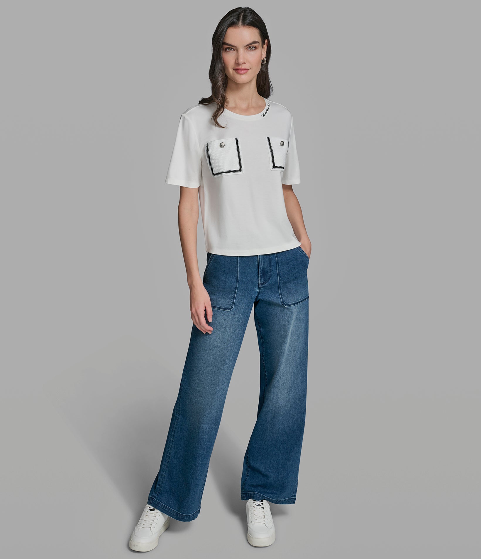 SHORT SLEEVE KNIT SHIRT WITH CROCHET POCKETS VIEW 4 | Women's Clothing