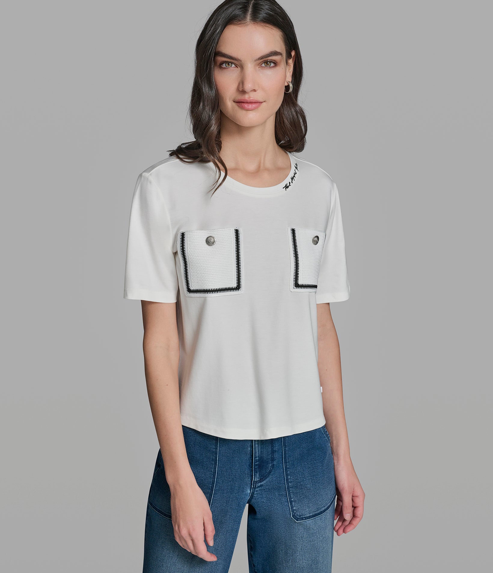 SHORT SLEEVE KNIT SHIRT WITH CROCHET POCKETS View 1 | Women's Clothing