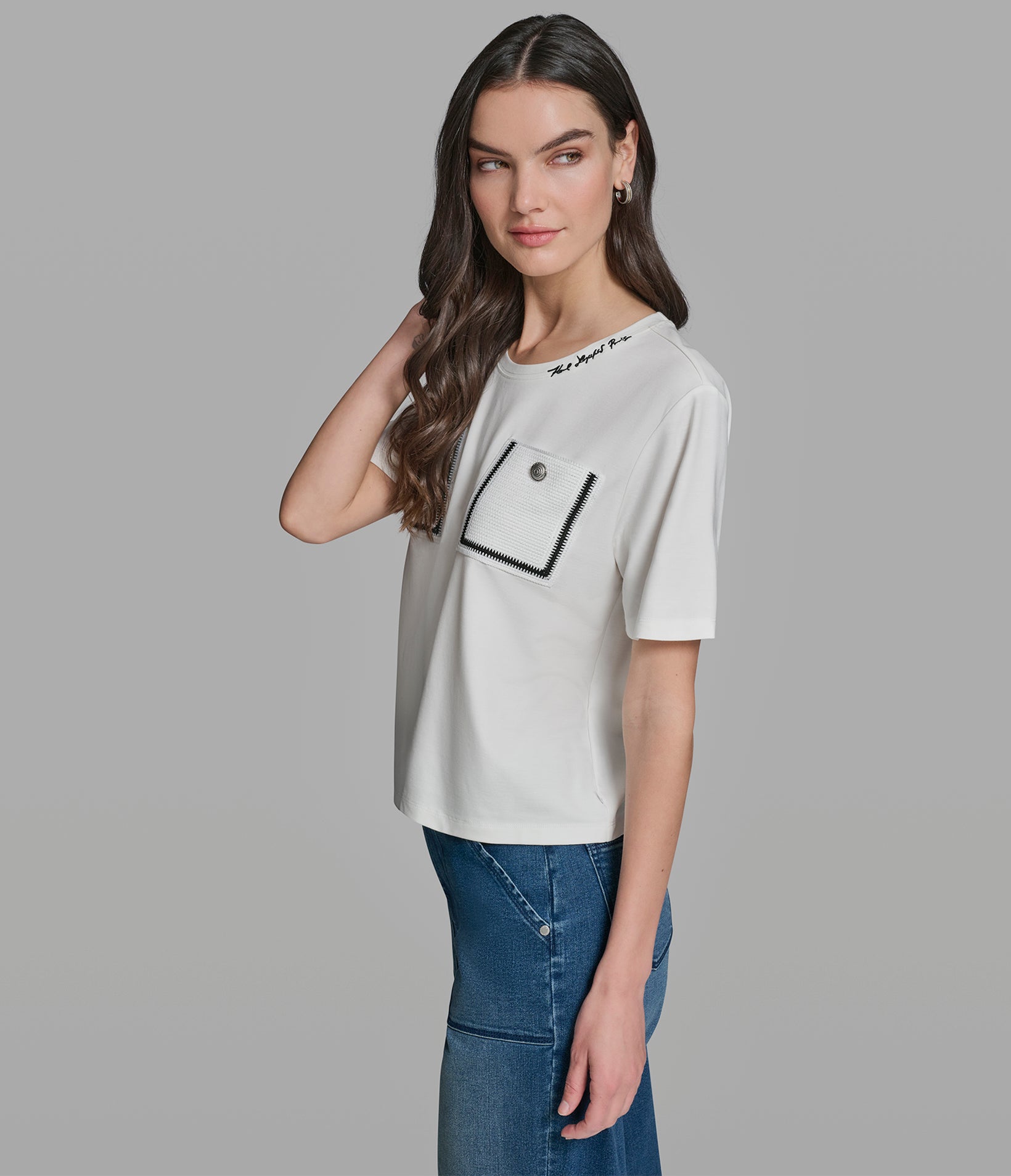 Short Sleeve Knit Shirt With Crochet Pockets | Sweaters & Tops