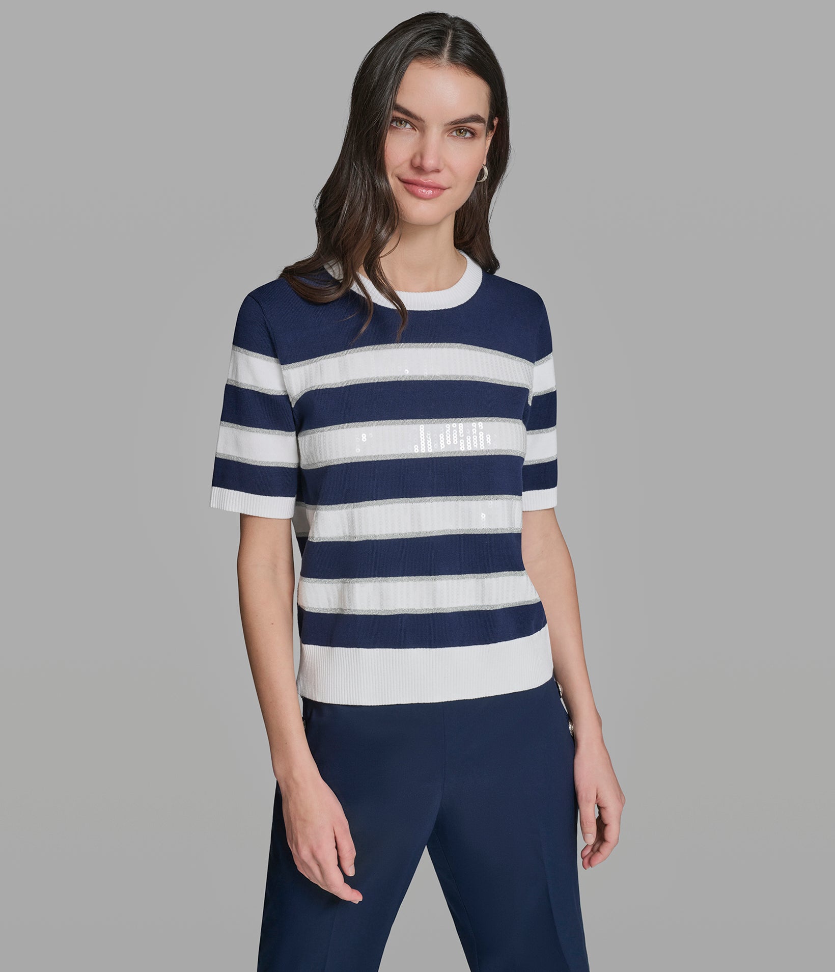 SEQUIN STRIPE KNIT TOP View 1 | Women's Clothing