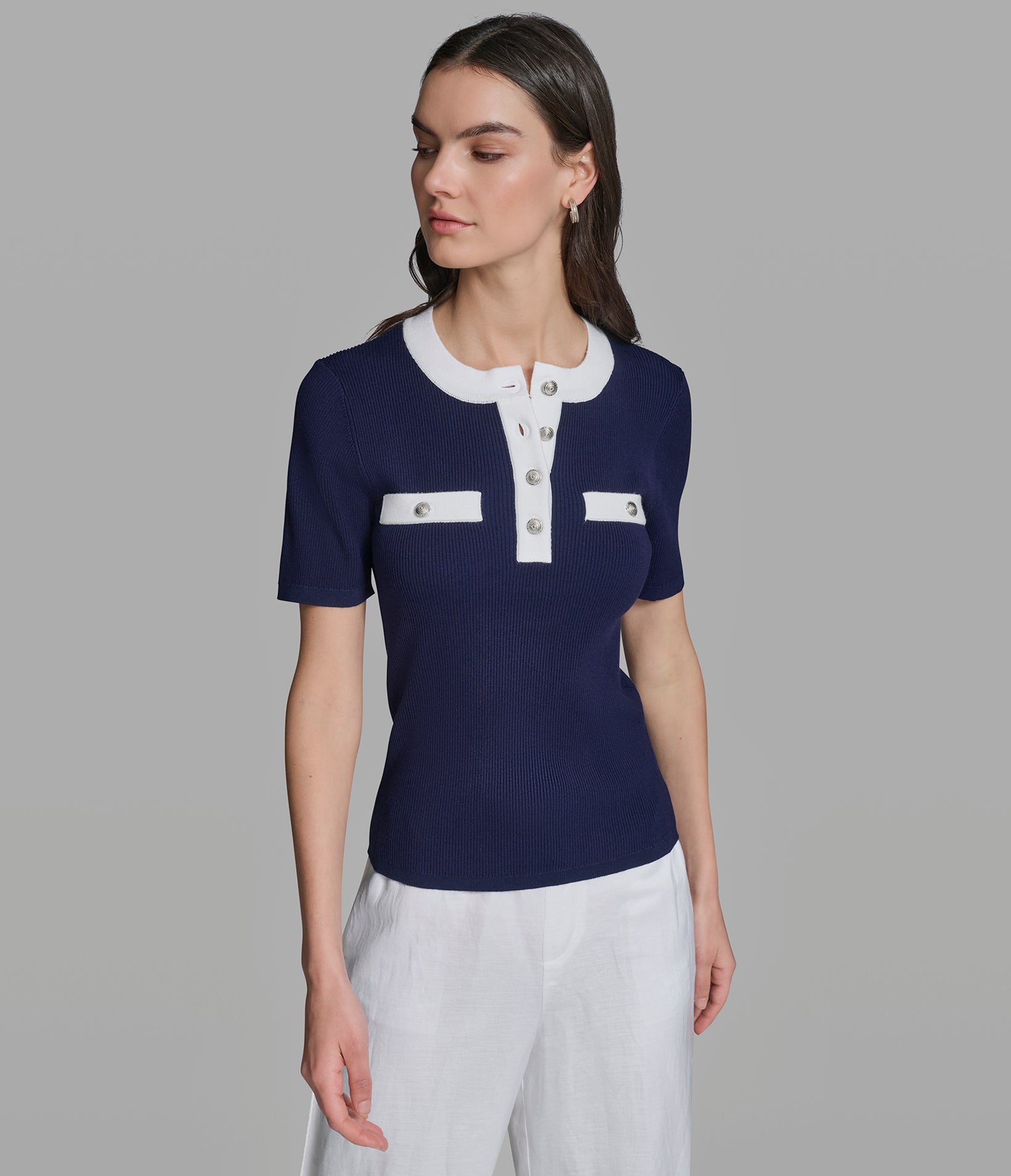 CONTRAST TRIM RIBBED KNIT TOP View 1 | Women's Clothing