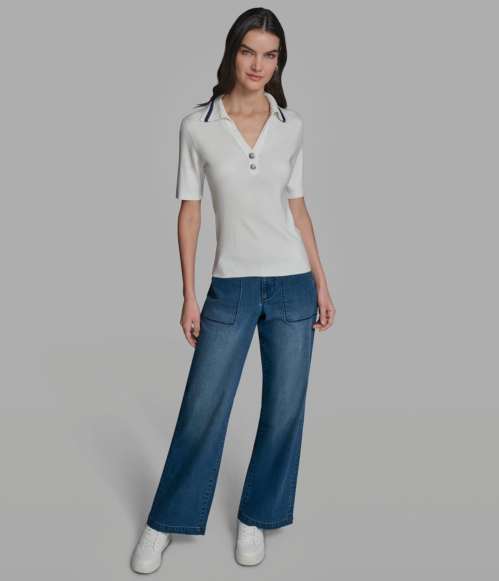 SHORT SLEEVE POLO WITH CROCHET COLLAR View 1 | Women's Clothing