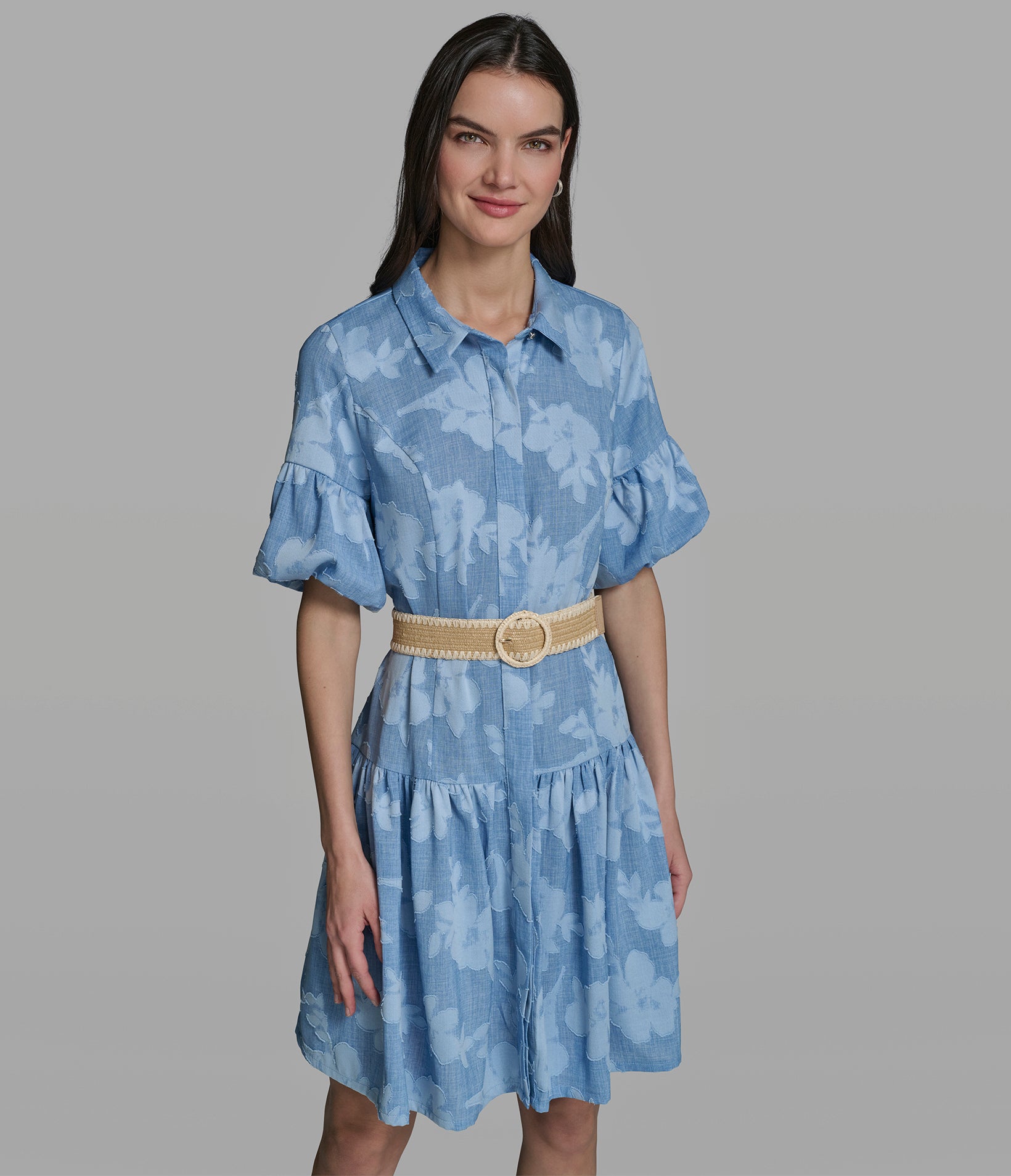 SHORT SLEEVE JACQUARD BELTED SHIRT DRESS View 1 | Women's Clothing