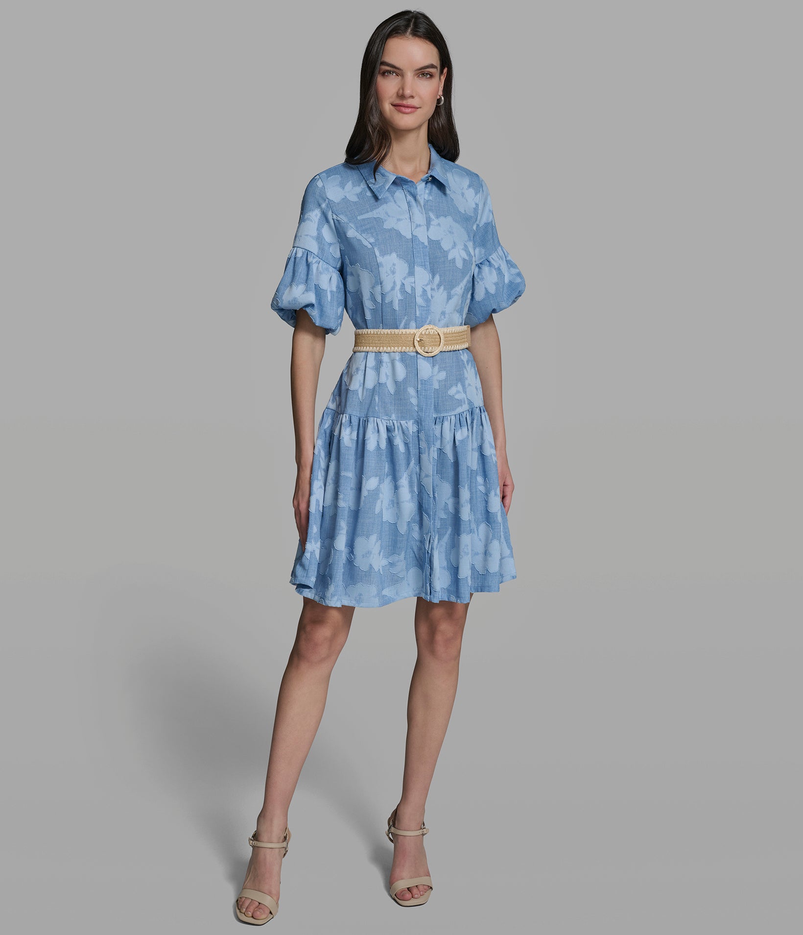 SHORT SLEEVE JACQUARD BELTED SHIRT DRESS View 2 | Women's Clothing