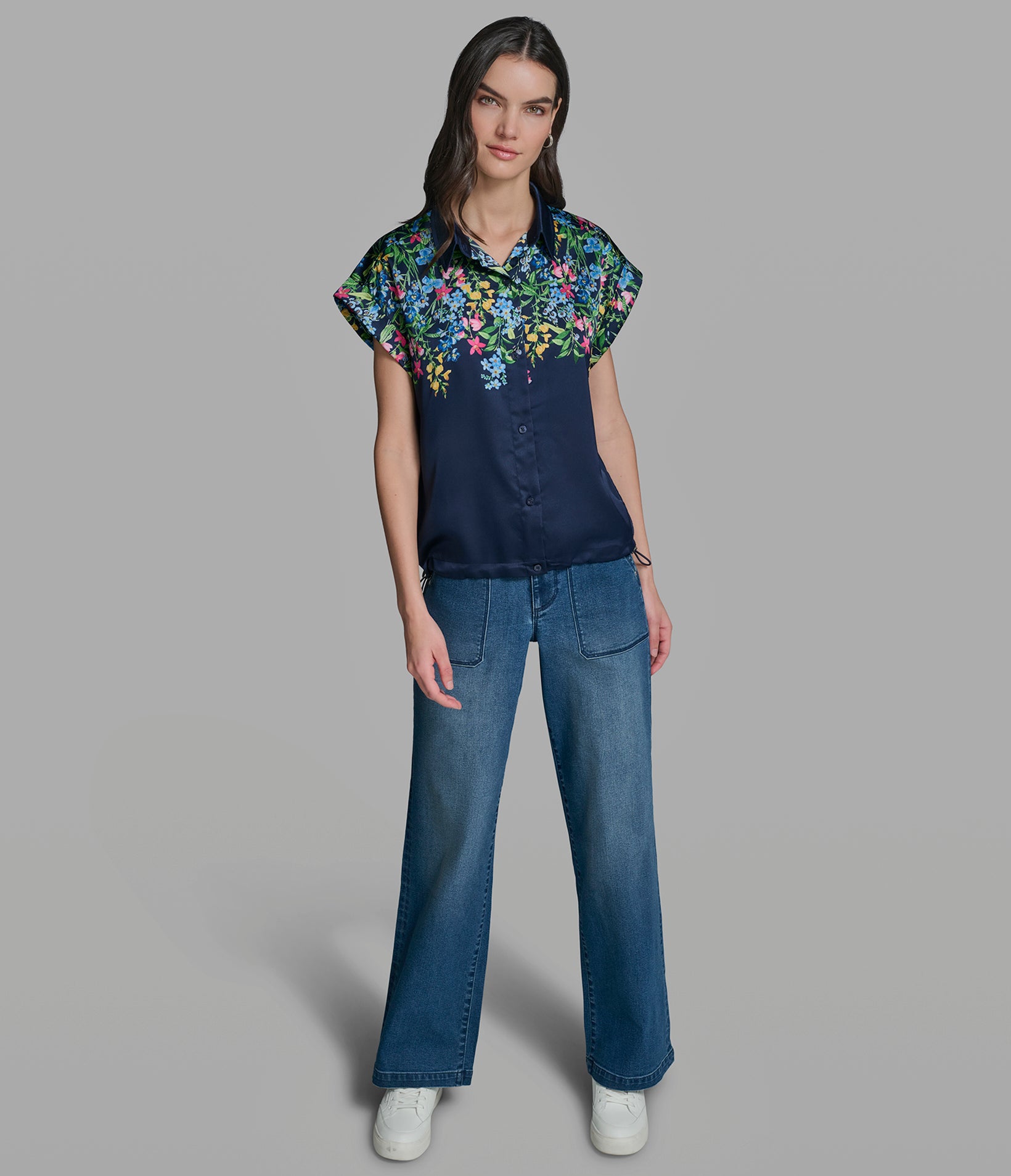 FLORAL PRINT BUNGEE HEM TOP VIEW 4 | New Arrivals