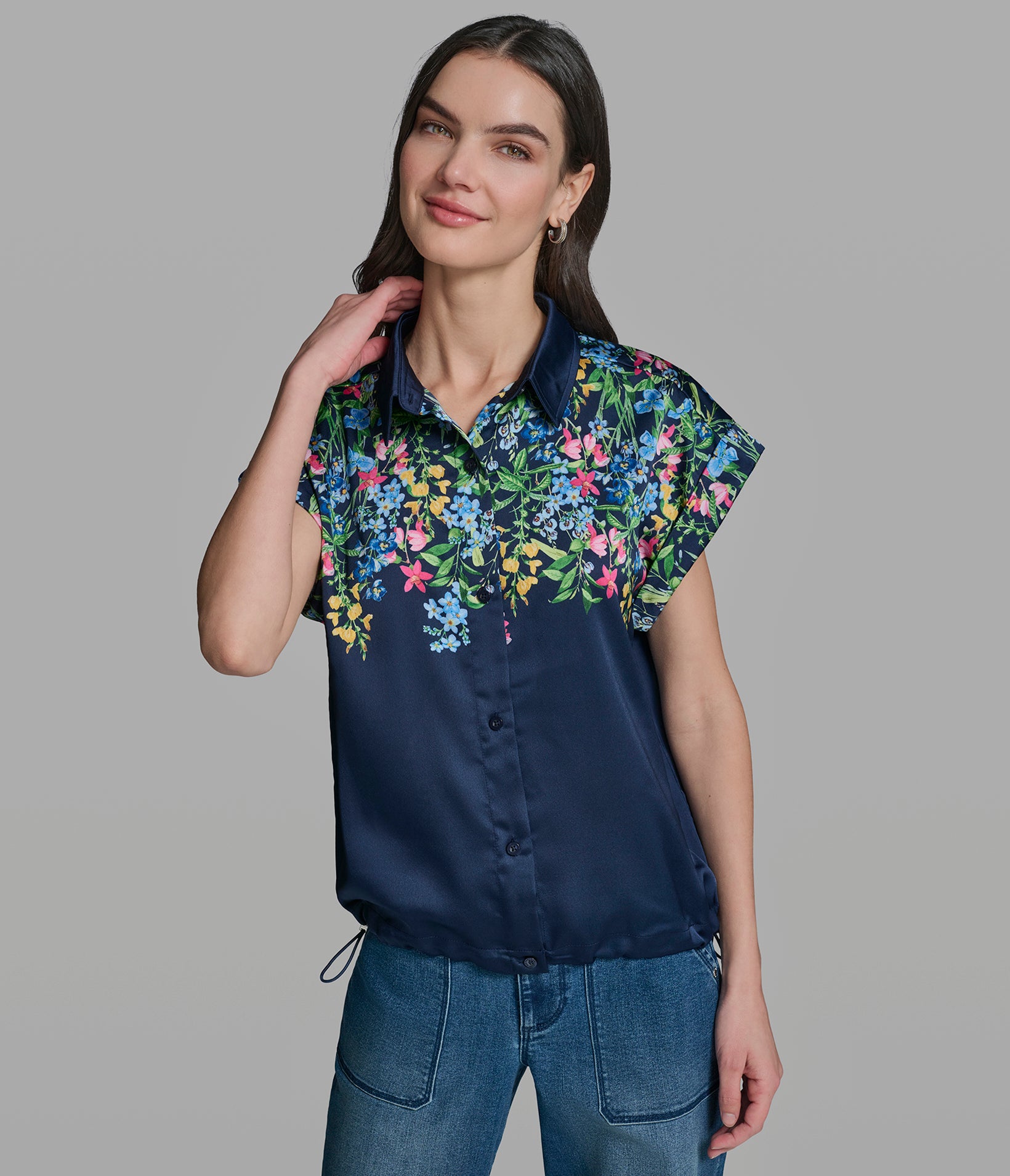 FLORAL PRINT BUNGEE HEM TOP View 1 | New Arrivals