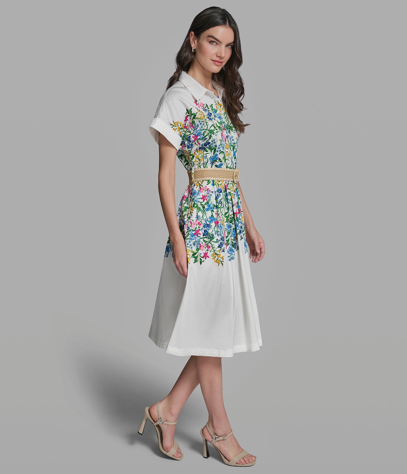 SHORT SLEEVE BELTED FLORAL SHIRT DRESS VIEW 4