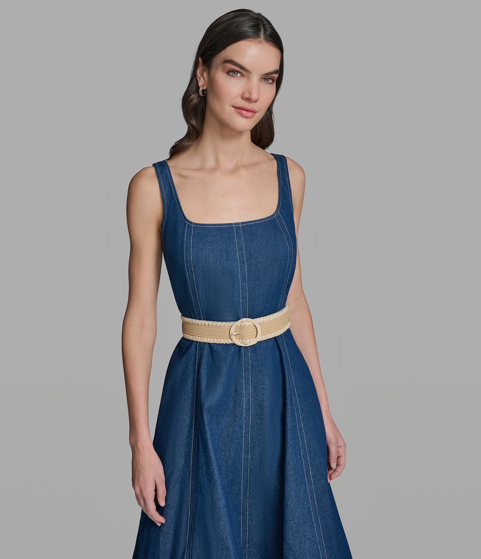 FAUX DENIM BELTED FIT AND FLARE DRESS VIEW 4 | Women's Dresses & Jumpsuits