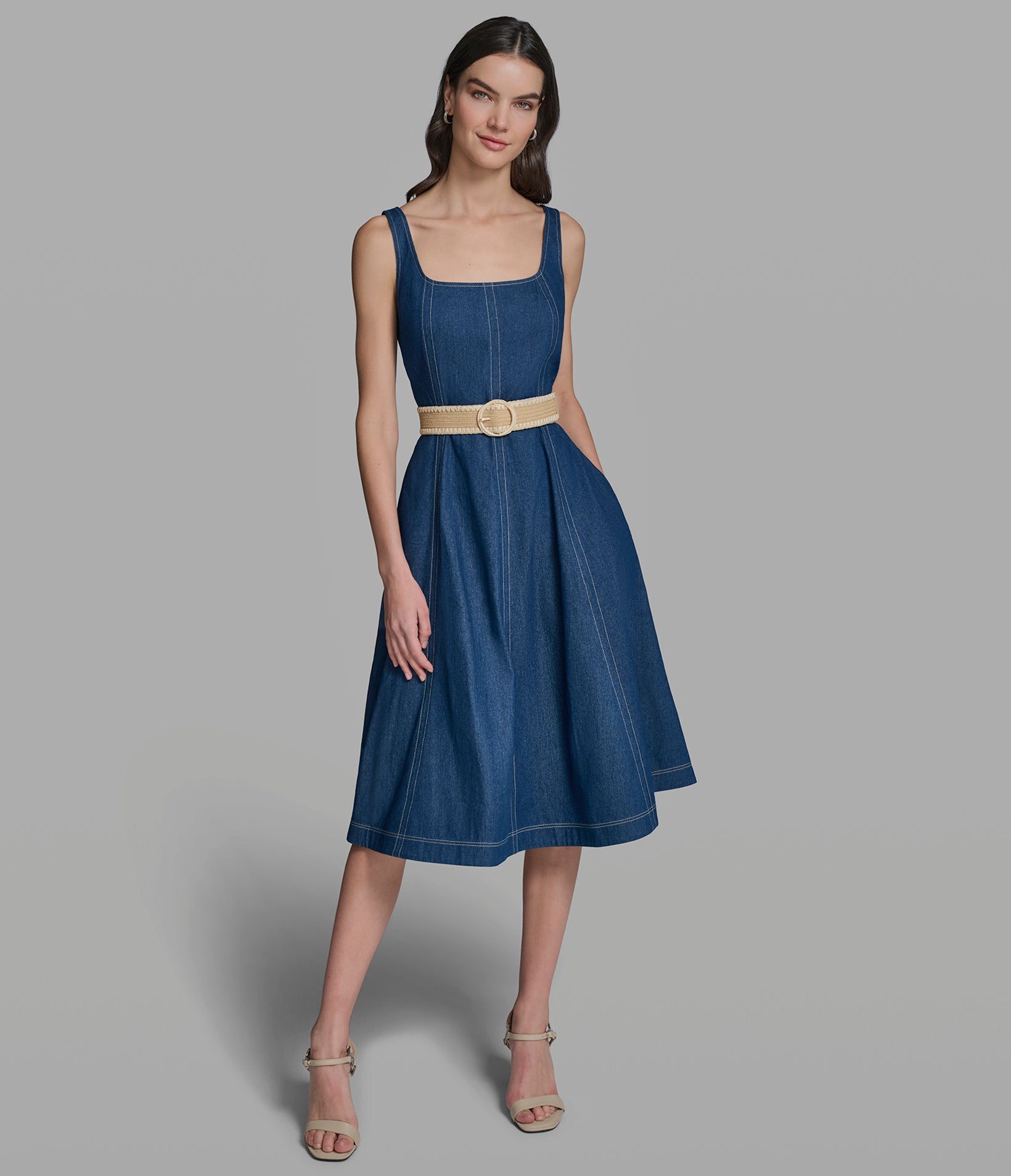 FAUX DENIM BELTED FIT AND FLARE DRESS View 1 | Women's Dresses & Jumpsuits