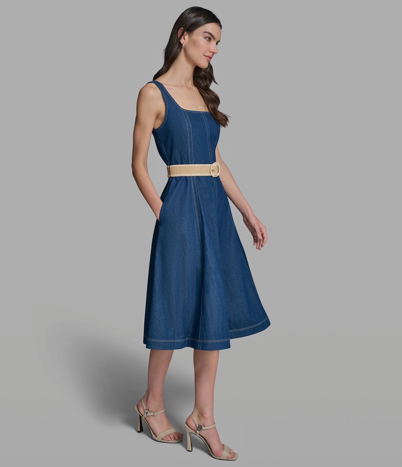 FAUX DENIM BELTED FIT AND FLARE DRESS VIEW 3 | Women's Dresses & Jumpsuits