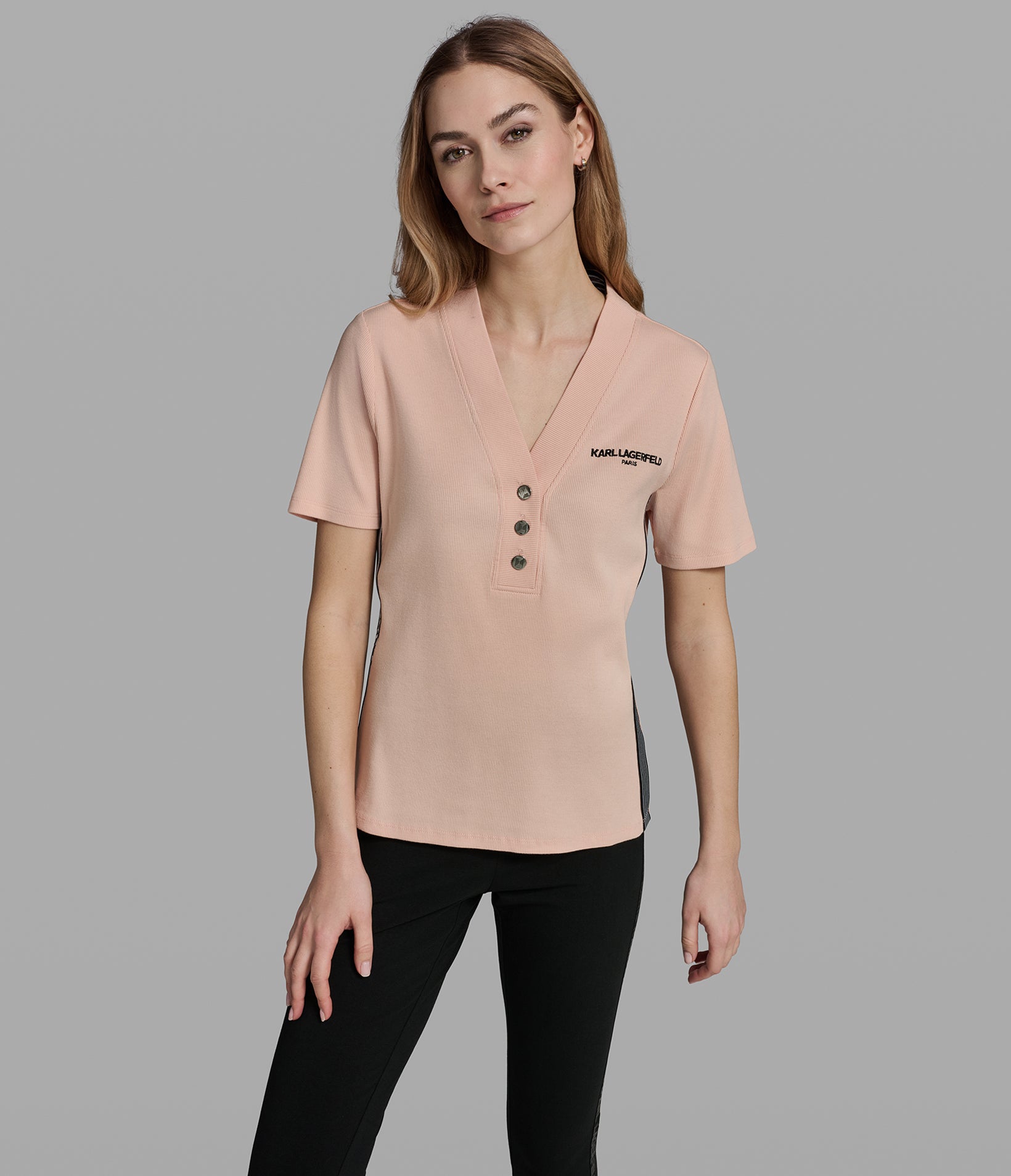 Stripe Trim Logo Top | Sweaters & Tops | Karl Lagerfeld Paris