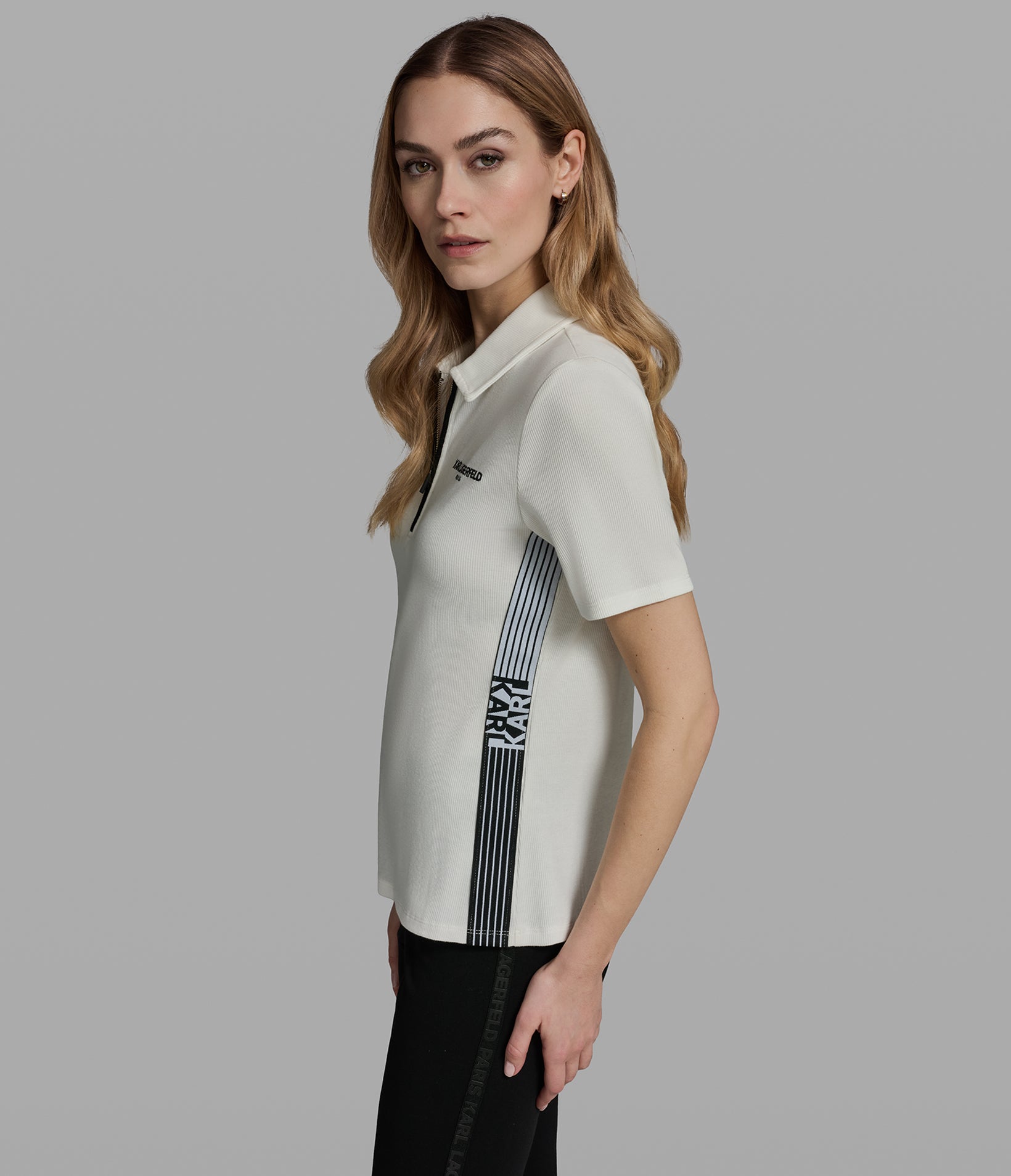Logo Zip Up Polo Top | Sweaters & Tops | Karl Lagerfeld Paris