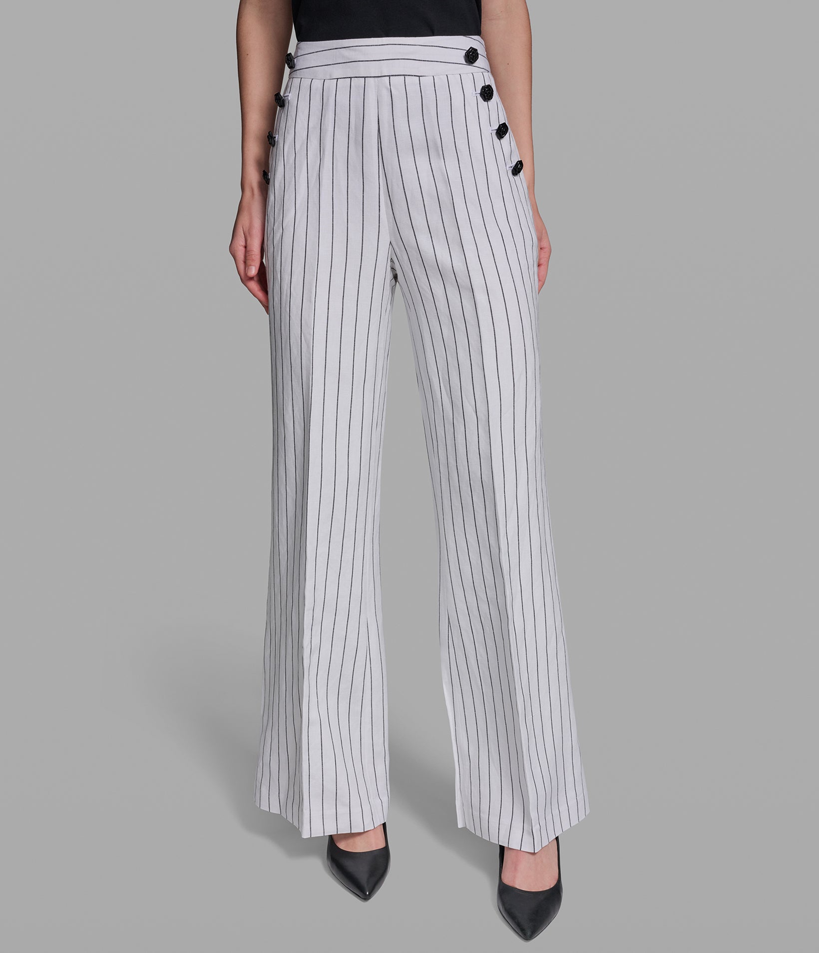 STRIPED SAILOR BUTTON LINEN PANT View 1 | Women's Sale