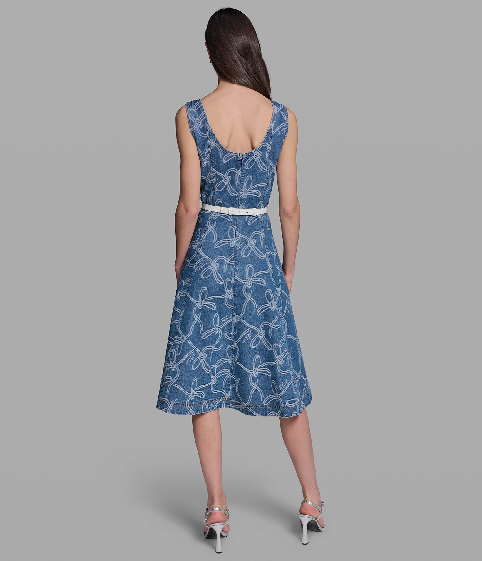 SLEEVELESS BOW JACQUARD DENIM DRESS View 2 | Women's Clothing
