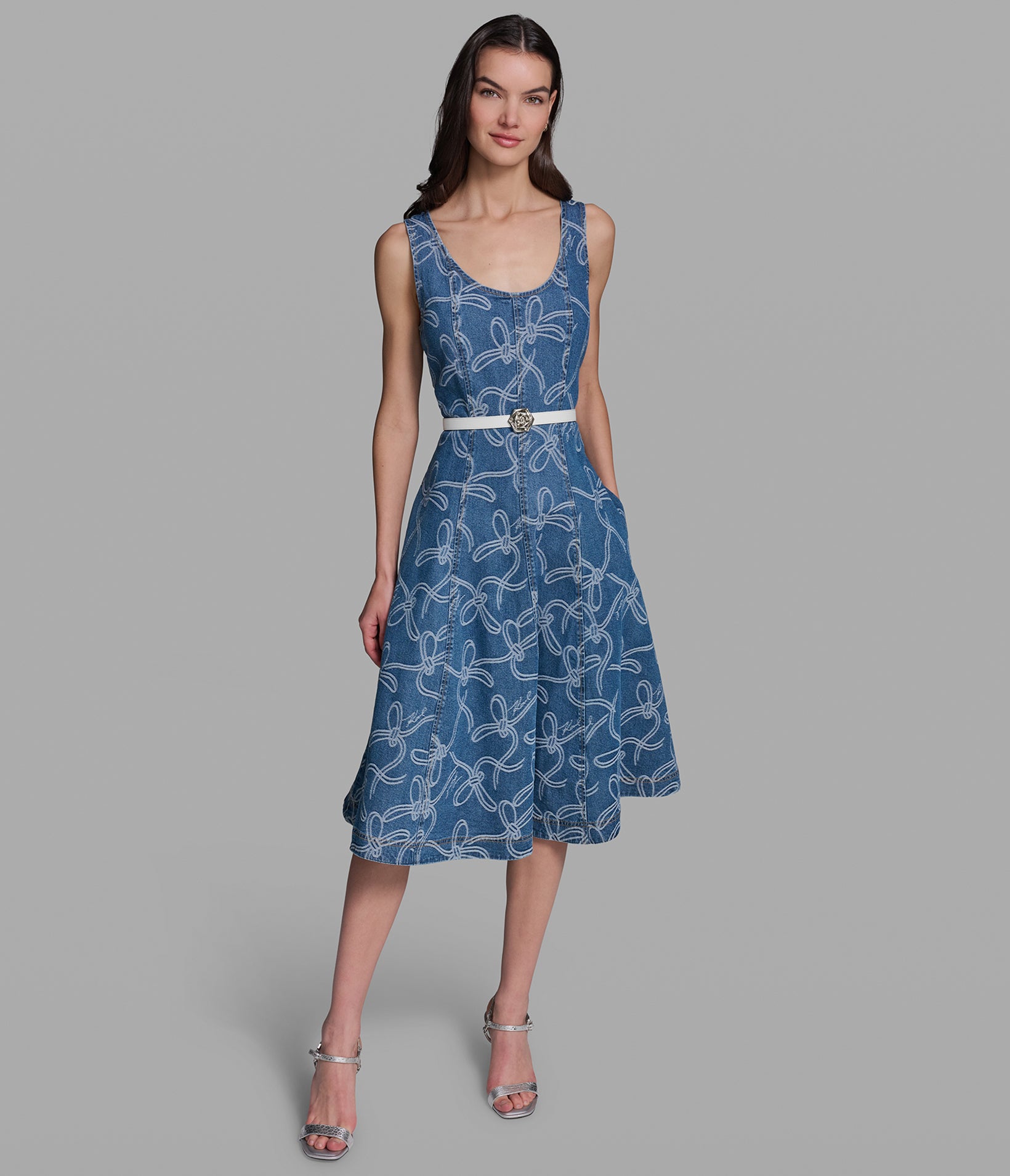 SLEEVELESS BOW JACQUARD DENIM DRESS View 1 | Women's Clothing
