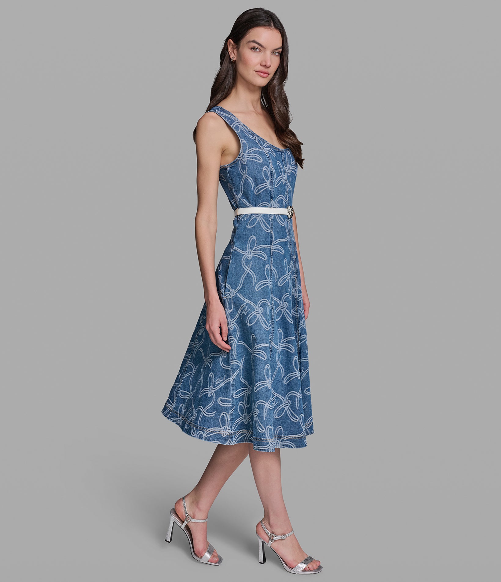 SLEEVELESS BOW JACQUARD DENIM DRESS VIEW 3 | Women's Clothing