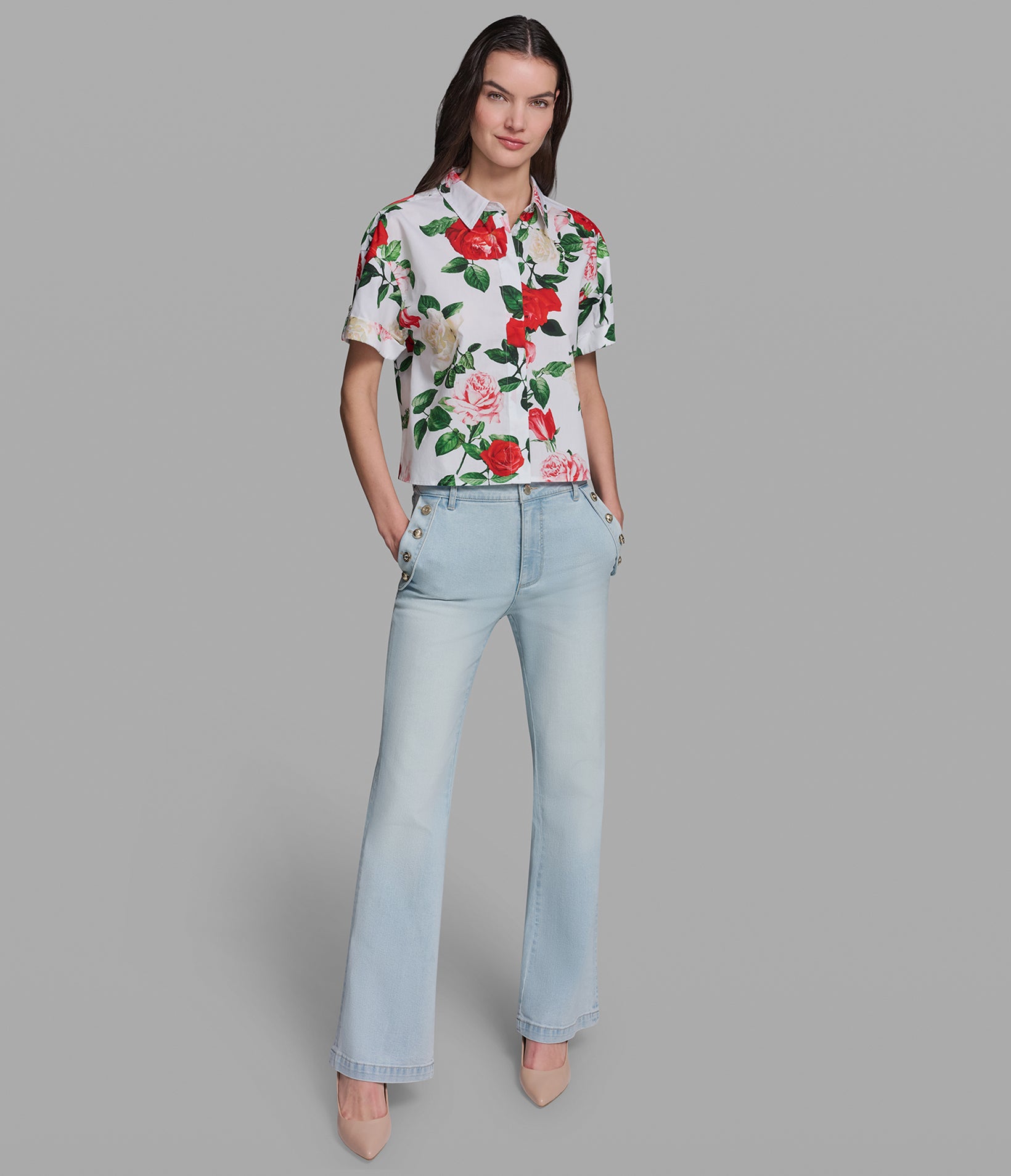 SHORT SLEEVE FLORAL PRINT POPLIN SHIRT VIEW 4 | Women's Clothing