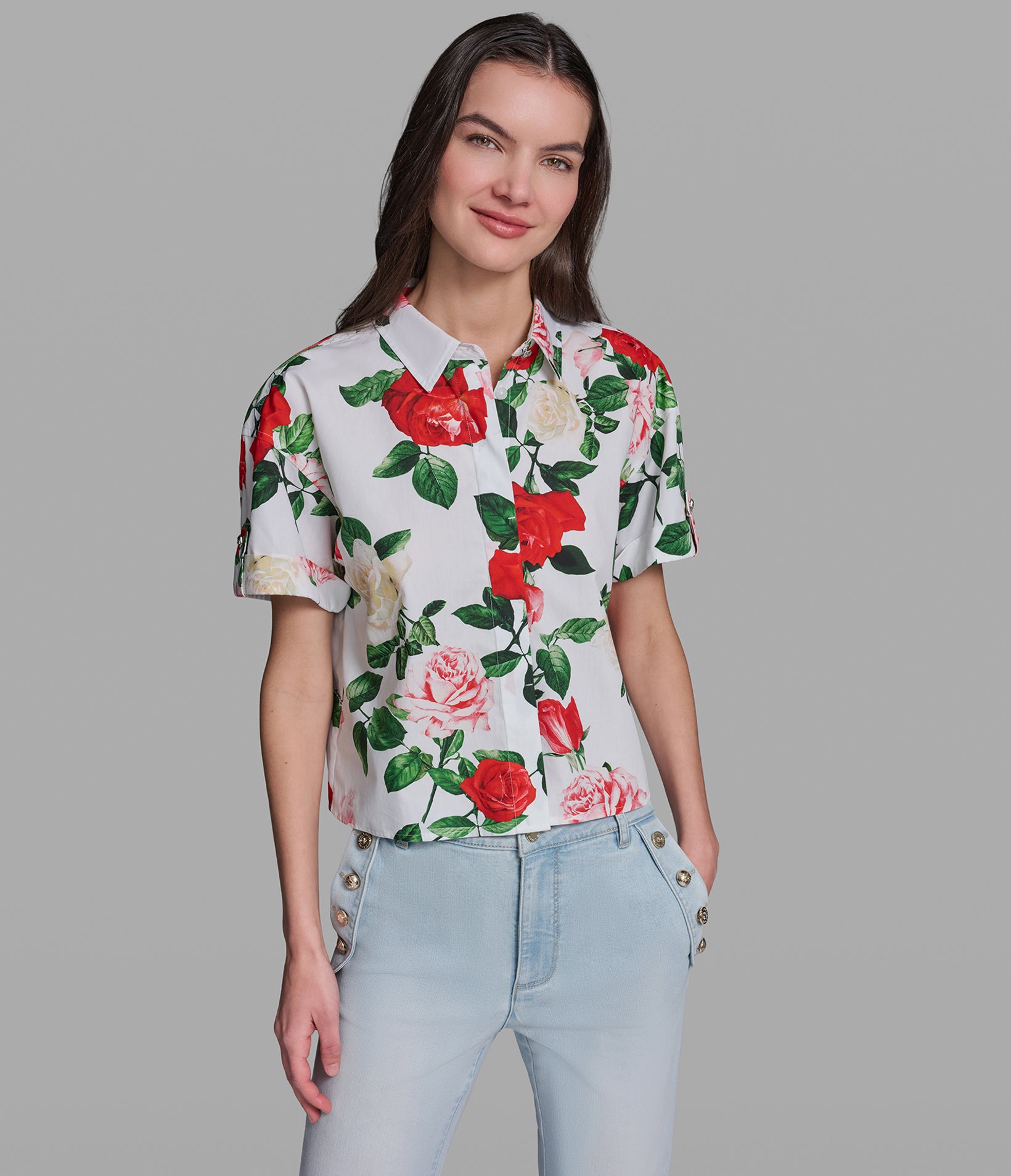 SHORT SLEEVE FLORAL PRINT POPLIN SHIRT View 1 | Women's Clothing