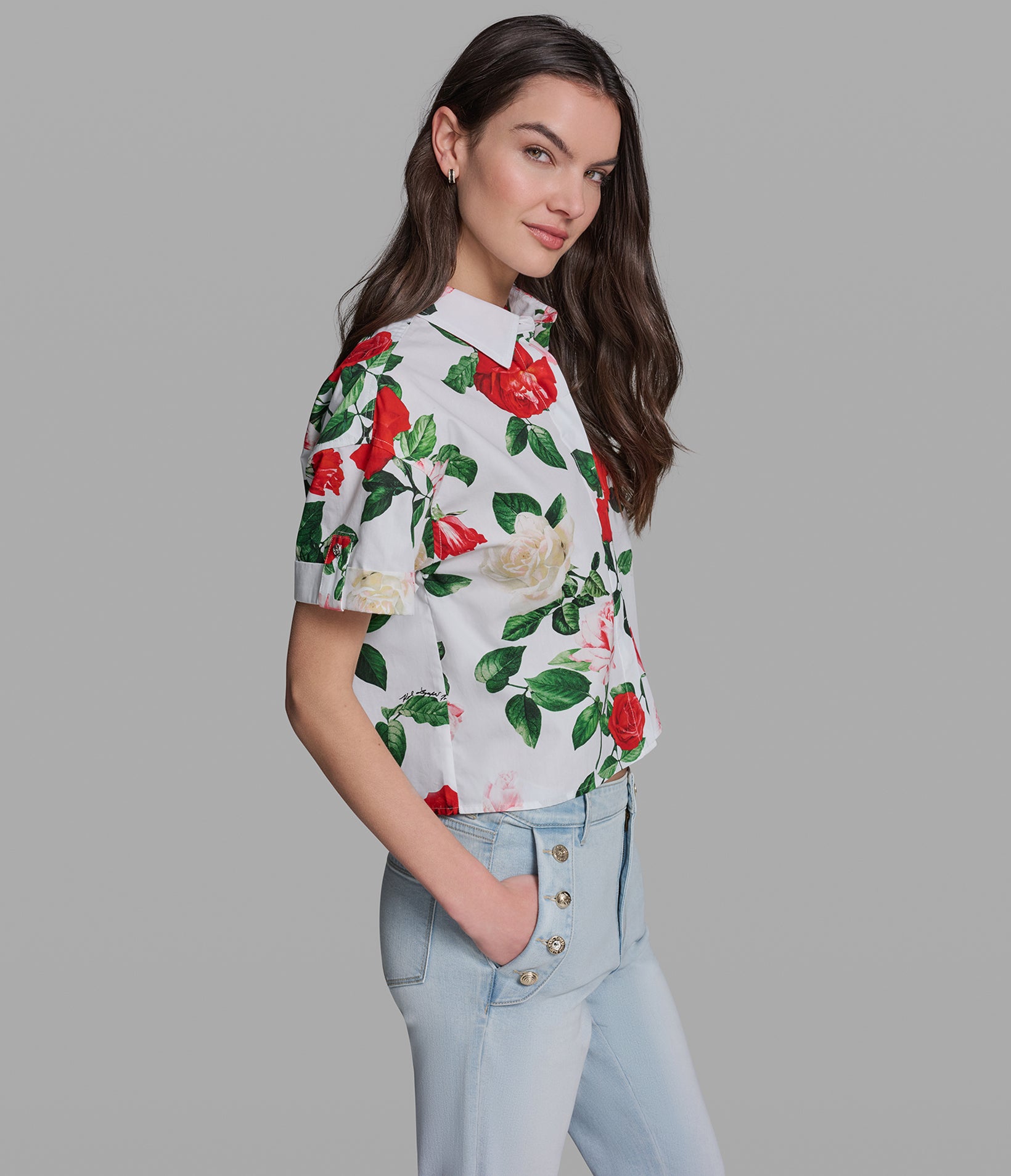 SHORT SLEEVE FLORAL PRINT POPLIN SHIRT VIEW 3 | Women's Clothing