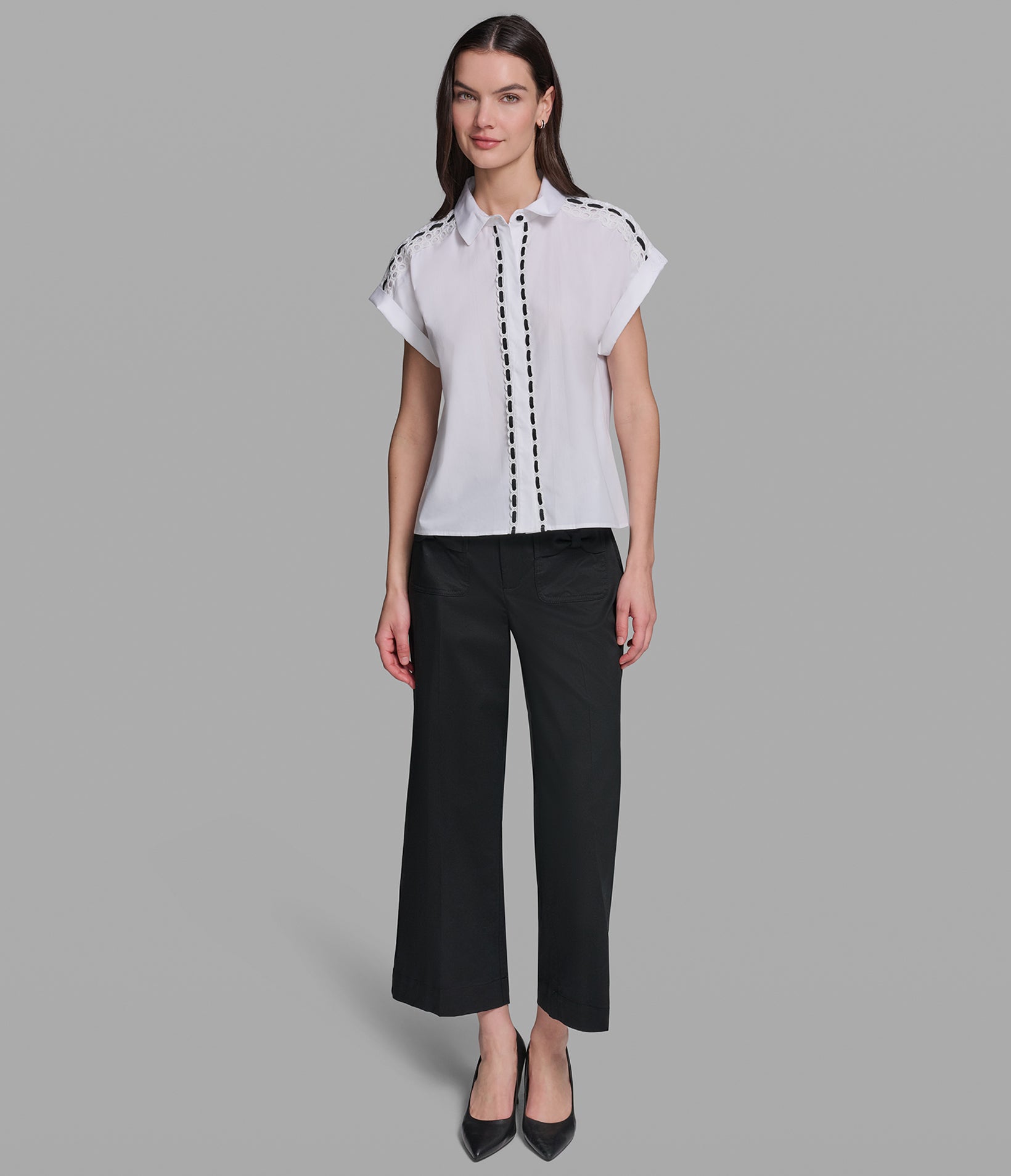 SHORT SLEEVE SHIRT WITH EYELET TRIM VIEW 4 | Styles Under $100