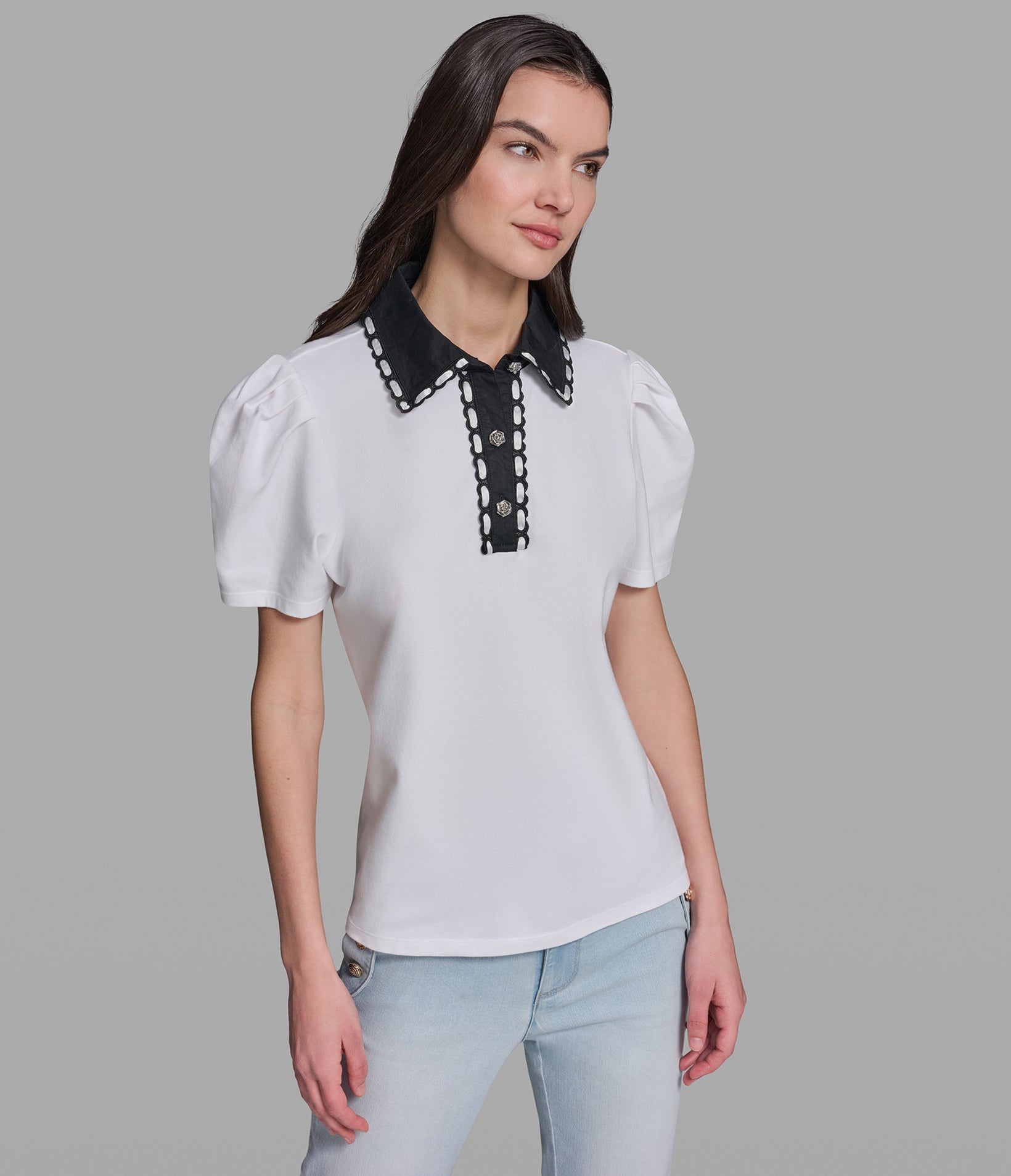 SHORT SLEEVE POLO WITH CONTRAST STITCH COLLAR View 1 | Women's Sale