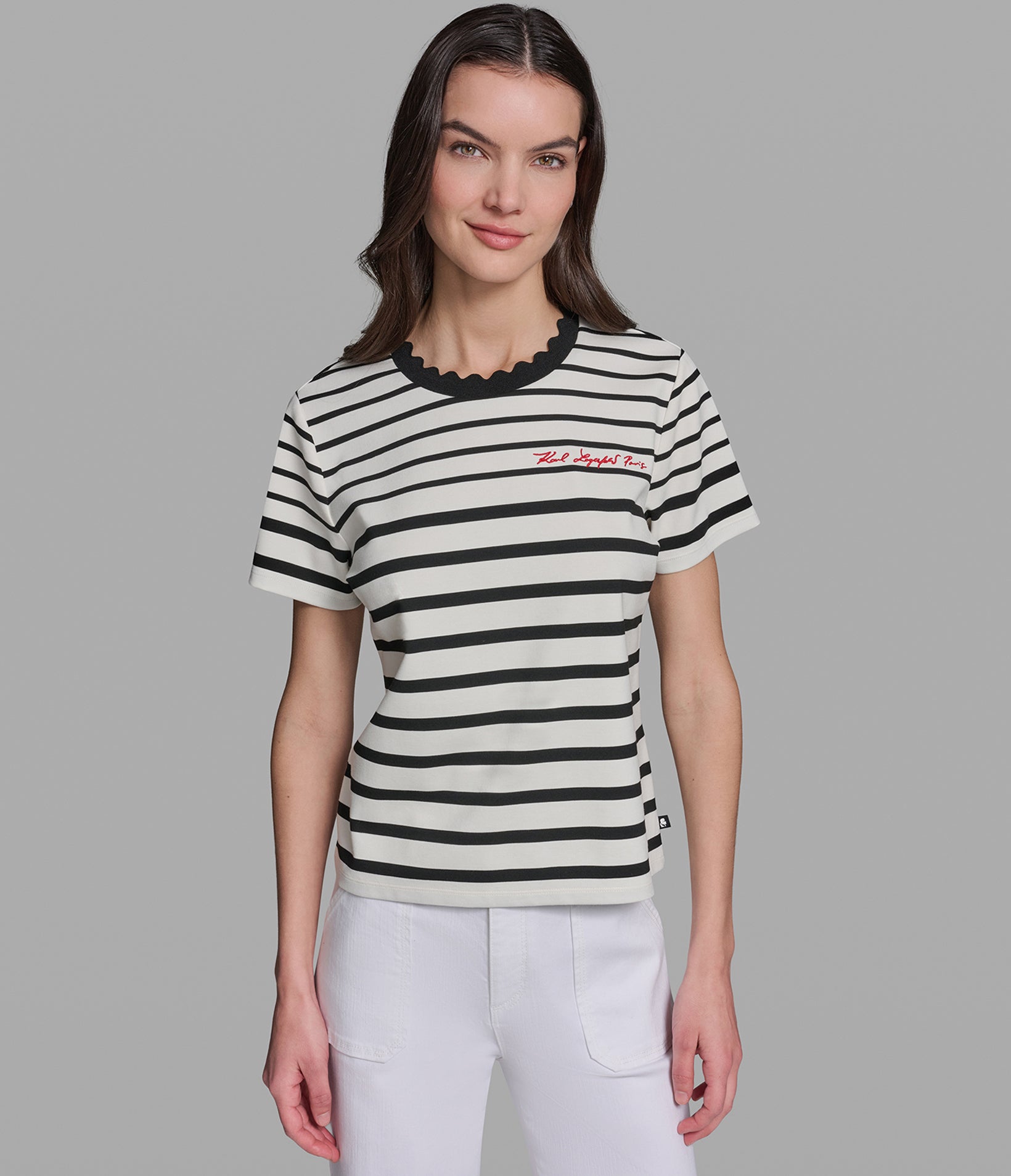 STRIPED TEE WITH SCALLOPED NECKLINE View 1 | Women's Sale